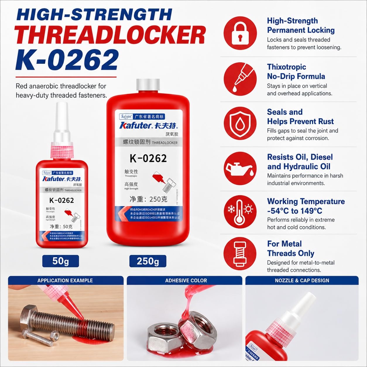 VIDOO Kafuter K-0262 Czerwona Blokada Śrub Obrabiarek, Blokada Śrub, Płyn Mocowania Korpusów Beztlenowych, Pasta Szczelin Kołków Konstrukcyjnych, Stal Węglowa, Opakowanie Zbiorcze, 250g