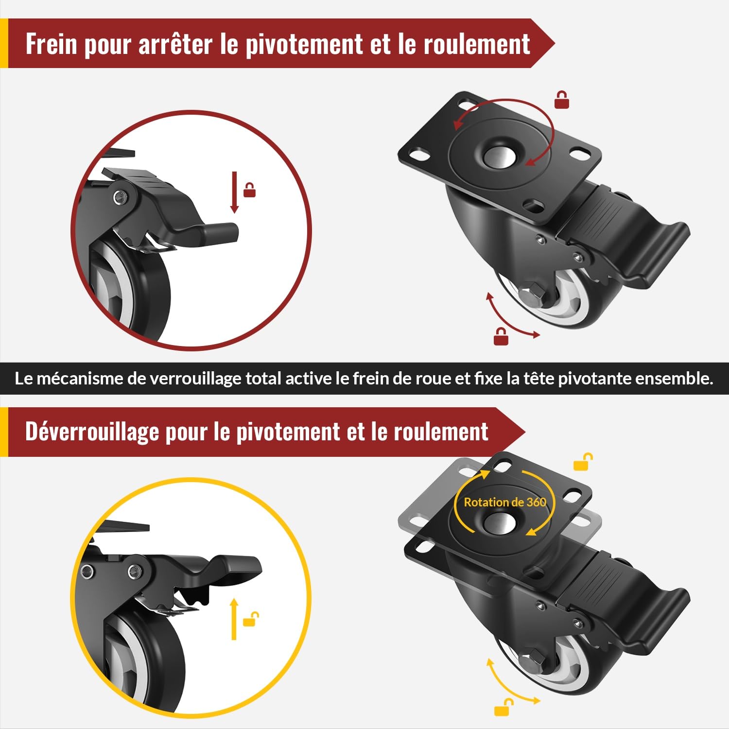 Roulettes Pivotantes de 100 mm丨Capacité totale de 600 kg丨set de 4 | 2 avec frein et 2 sans丨Roulettes pour Meubles avec frein pour charges lourdes