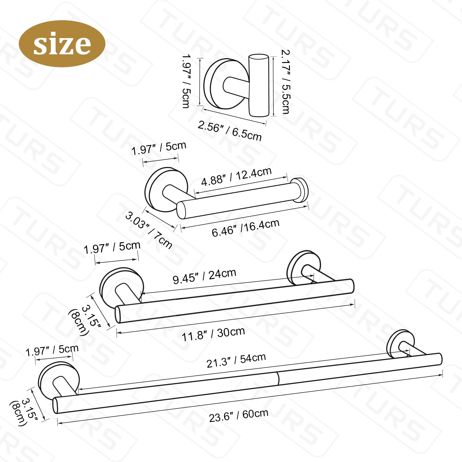 TURS Set di 10 accessori da bagno in oro spazzolato, SUS304 in acciaio inossidabile 61 cm, set di accessori da bagno rotondi da parete