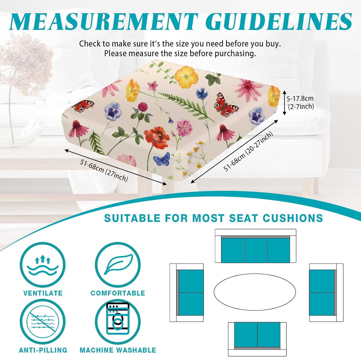 Tiamon 12 Pcs Floral Stretch Patio Cushion Covers, Retro Flower Outdoor Couch Cushion Covers Butterfly Replacement Sofa Chair Slipcovers for Patio Furniture Washable Replacement Outdoor Decor (Beige)