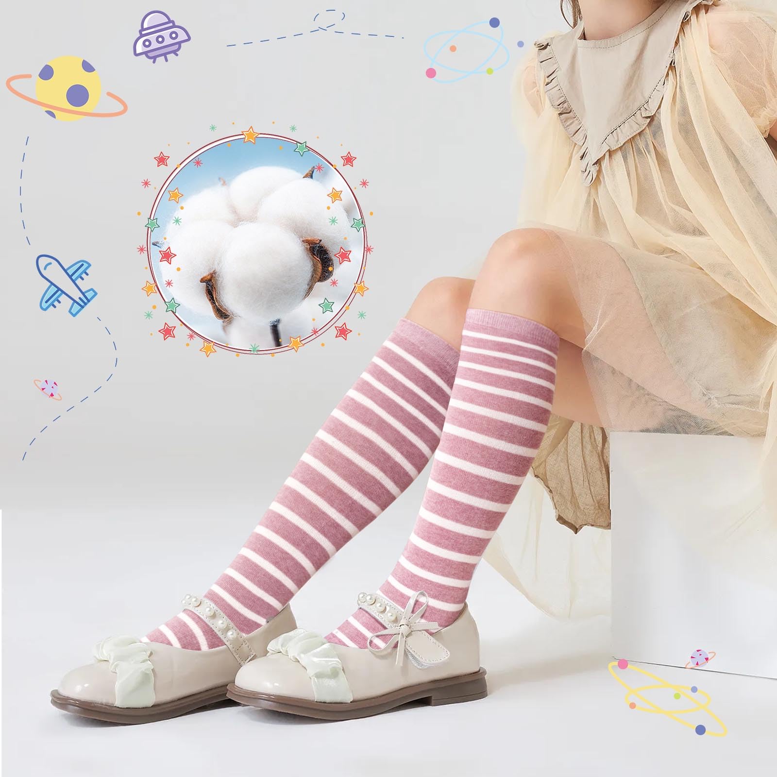 Artfasion Calcetines altos hasta la rodilla para niñas: calcetines largos divertidos de dibujos animados, transpirables, sin costuras, para niños de 2 a 14 años