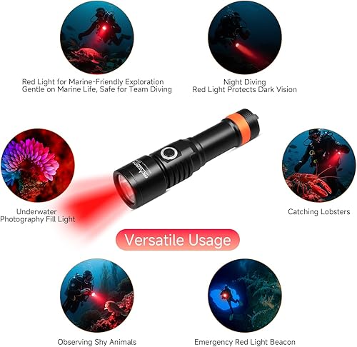Miniatura 3 de ORCATORCH Linterna de buceo LED roja D530, 210 lúmenes, ángulo de haz estrecho de 6 grados, interruptor de botón lateral de aleación de titanio, 2