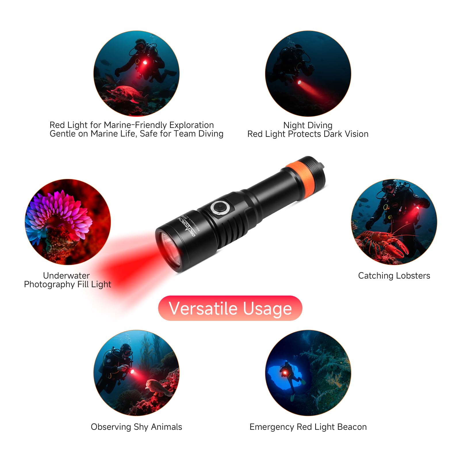 ORCATORCH D530V - Luz LED roja de buceo de 160 lúmenes, luz de vídeo de buceo de 70 grados de ángulo de haz amplio, luz subacuática de 150 metros, luz de fotografía de buceo con función de bloqueo de