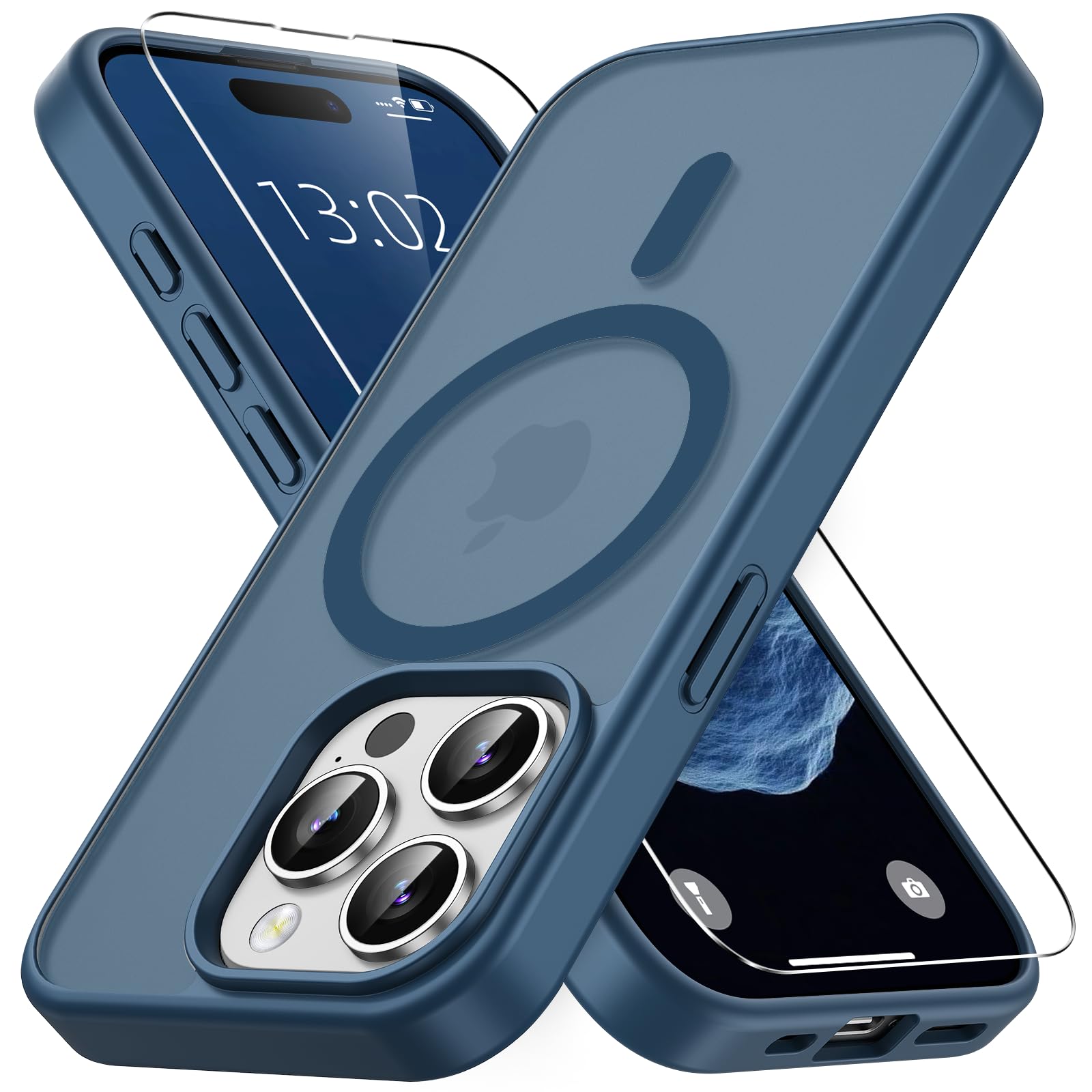Vansdon Cover Magnetica per iPhone 15 Pro con 1 Pezzi Vetro Temperato, Compatibile con Magsafe, Protezione anticaduta di livello militare, Custodia Traslucida Opaca Sottile Antiurto-Blu