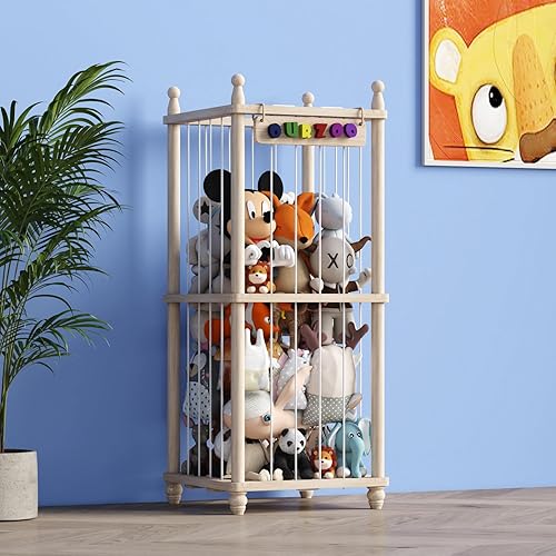 Organizador de almacenamiento de juguetes de madera para almacenamiento de animales de peluche, diseño mejorado de puf, hamaca de animales de