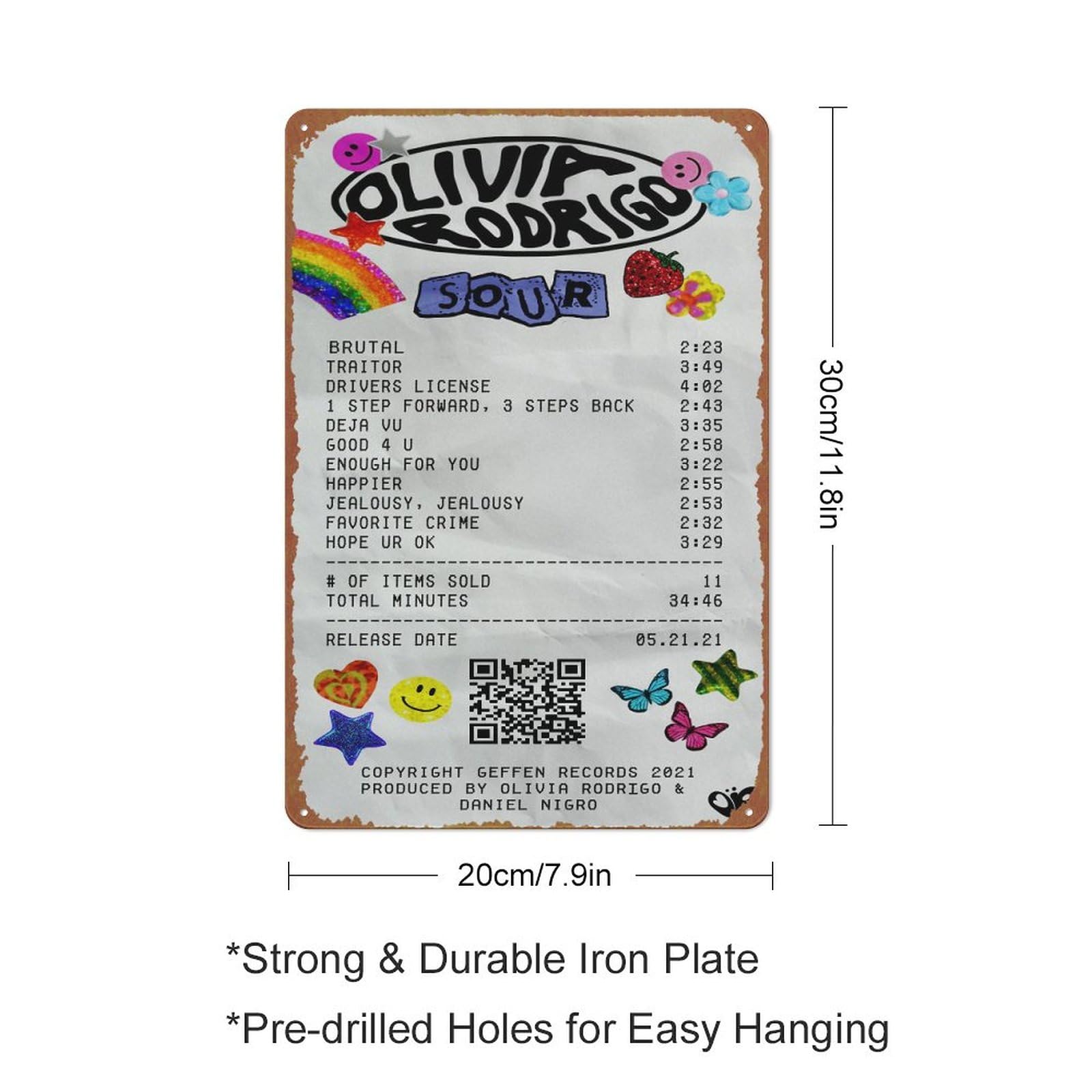 Olivia Rodrigo - Sour Album Receipt Poster Retro Metal Sign