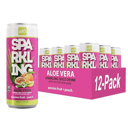 ALO Bebida espumosa de jugo de aloe vera carbonatado de maracuyá y durazno  11.2 onzas líquidas, paquete de 12  Bebida a base de plantas, vegana