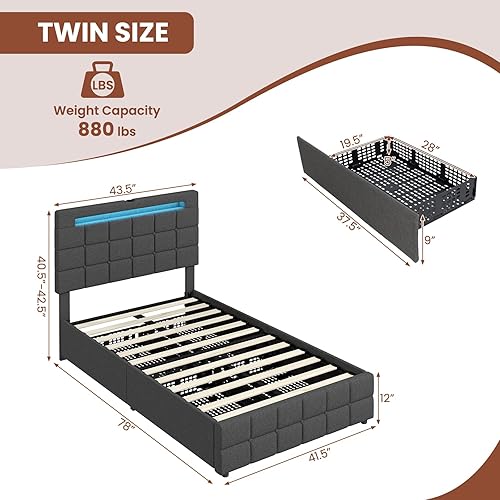Miniatura 2 de Giantex Base de cama matrimonial con luces LED y 4 cajones, base de cama de plataforma tapizada con puertos USB, diseño de cabecera ajustable