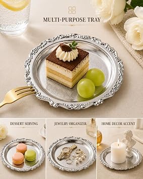 Kichvoe 7 Inch Vintage Resistant Silver Tray Round Iron Serving Platter | Small Silver Serving Tray Platter Sturdy Heat Resistant Iron for Dessert, Jewelry, Home Decor, Wedding Party and Gift