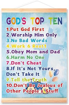 Blue Gods Top Ten Christian Kids Poster Hanger Frame for Nuresy Classroom Decor Wall Decor,Gods Top Ten Canvas Wall Art Poster Print Wall Hanging 16x12in