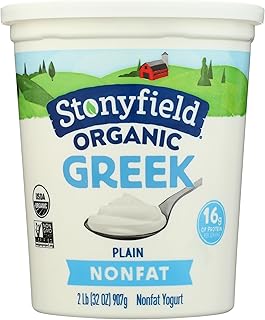 Stonyfield Organic Greek Nonfat Yogurt, Plain, 32 oz. – High in Protein (16g), 0% Fat; Multiserving Yogurt Snack & Cooking Substitute