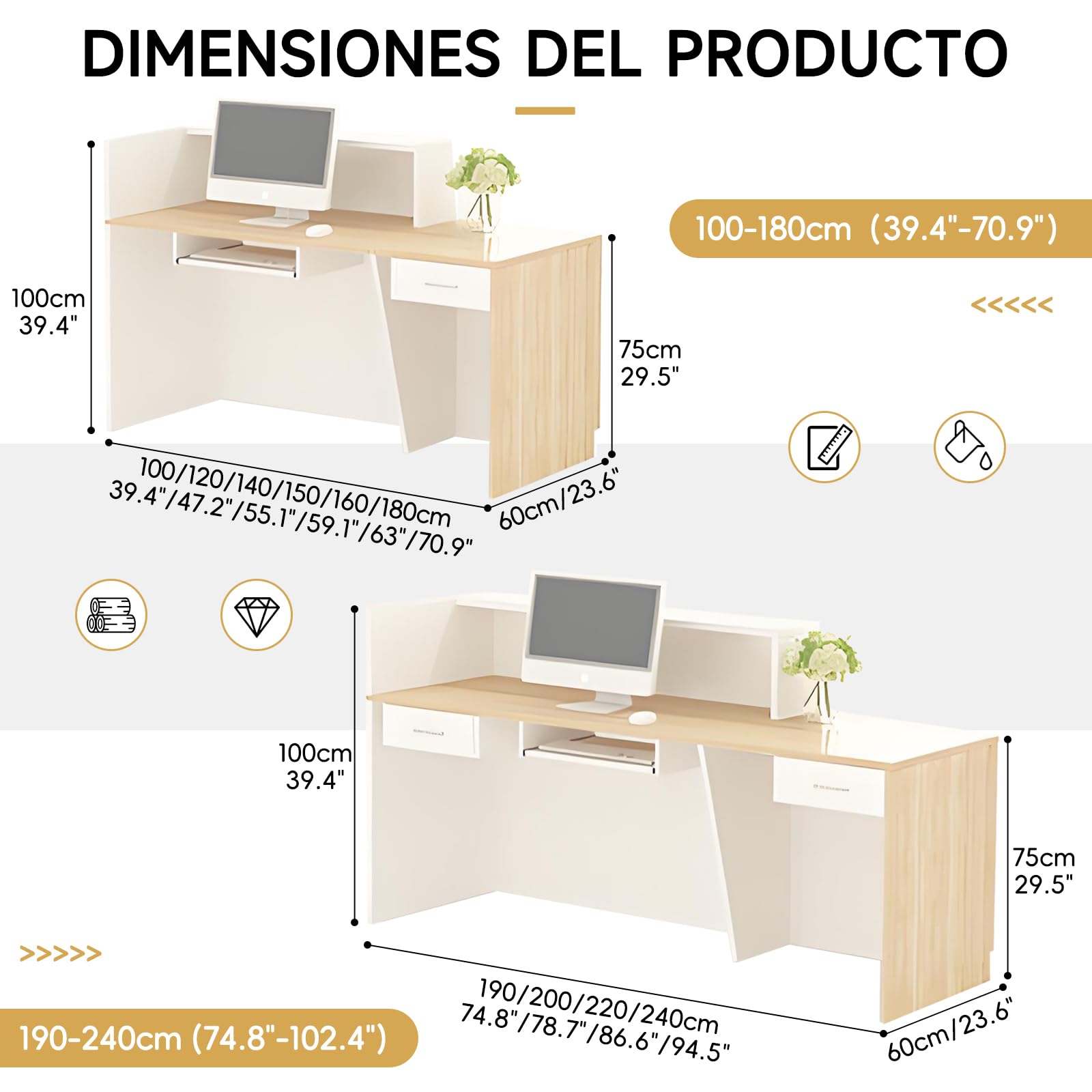 Mostrador Recepción Moderno de 100 A 240 cm con Cajón y Estantes Abiertos Mueble para Oficina Salón de Belleza Tienda o Área de Entrada