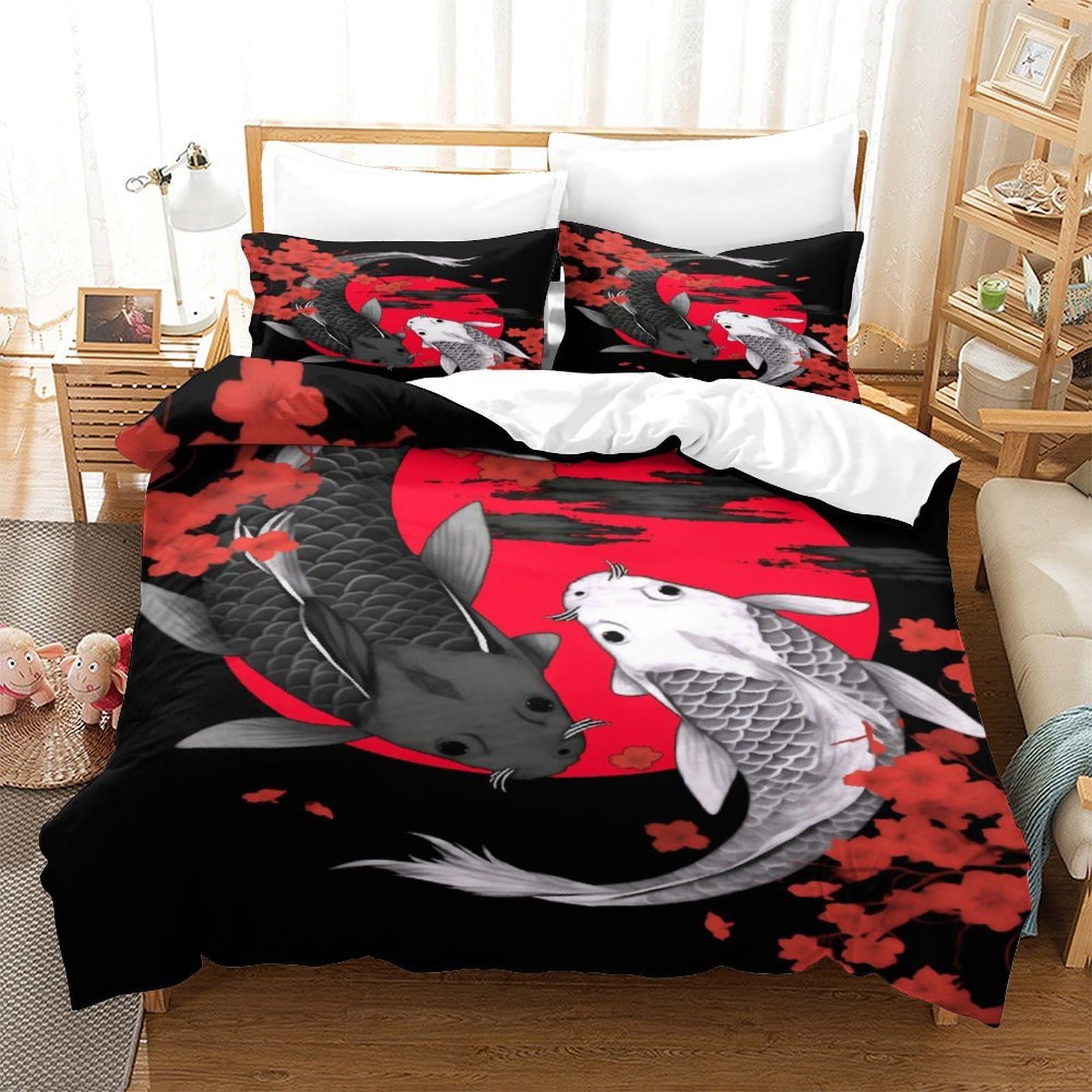 Koi Fisch Kunst 3-teiliges Reines Polyester Japanische Stil Illustration Bettbezugset, Versteckter Reißverschluss, Für Kleinkinder, Babysicher & Gifffrei, Pflegeleicht King（220x240cm）