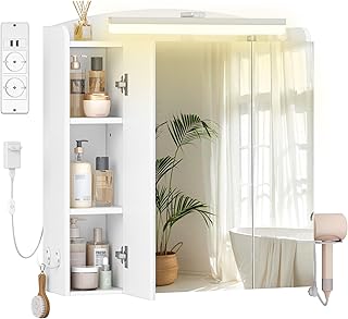 Comprar Hzuaneri Armario de Baño, con Espejo y Luz LED, 2 Enchufes CA + 2 USB, Mueble Espejo de Pared con Interruptor y Enchufe, Soporte para Secador de Pelo, Ganchos, Estantes Ajustables, Blanco MC00603XEU