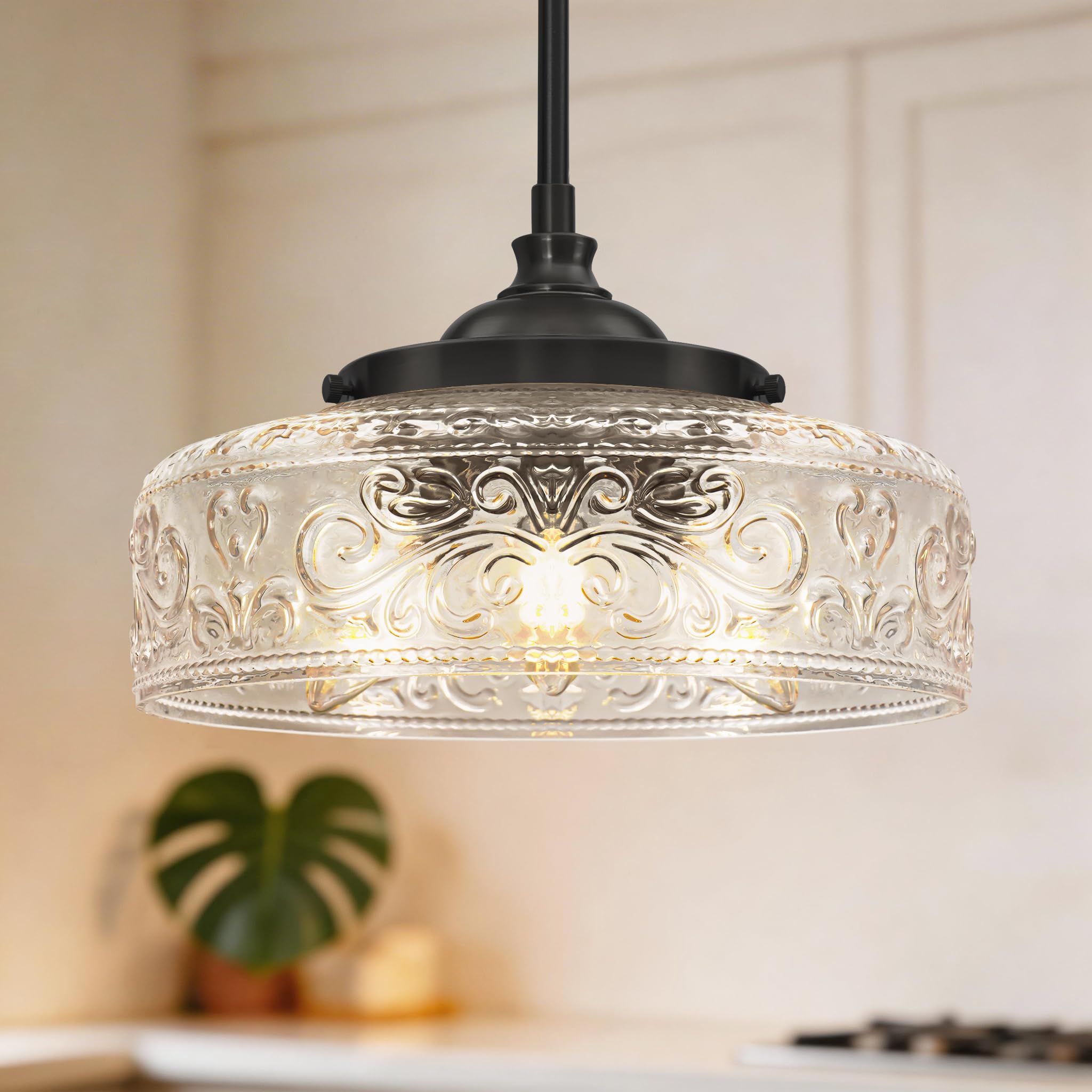 Photo 1 of Black 3-Light Pendant Light with 12in Glass Shade, Farmhouse Pendant Lights Kitchen Island, Adjustable Hight & Angle Bathroom Pendant Ceiling Hanging Light Fixtures for Home Bedroom Hallway, 3*E12