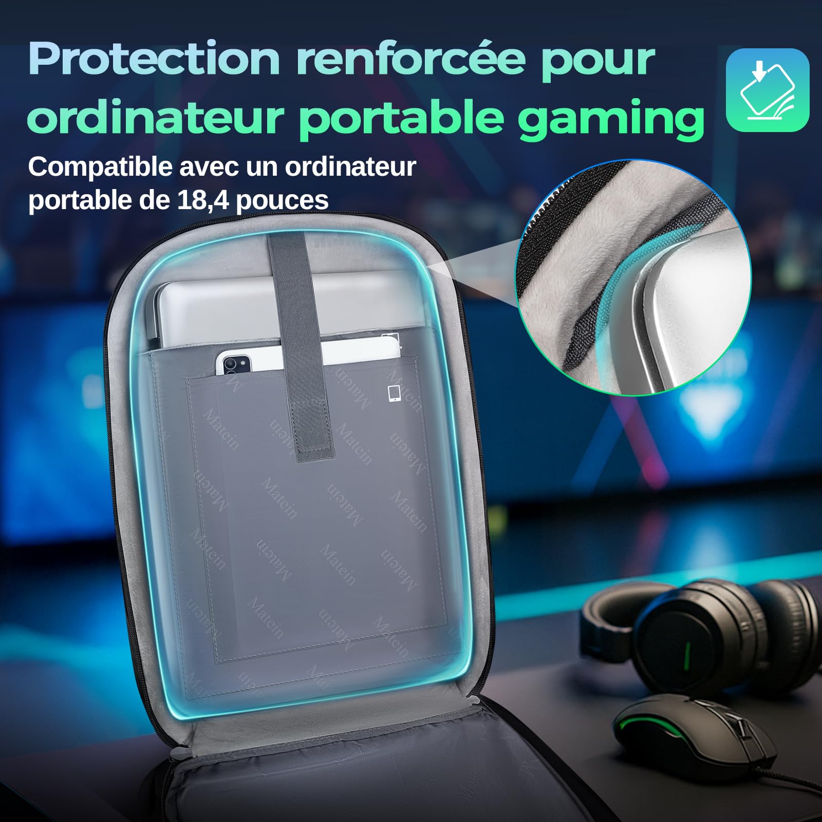 MATEIN Sac à Dos Ordinateur 18 Pouces, Sac a Dos PC Portable Gaming, Noir | Grand Sac à Dos Gaming pour Homme avec Housse de Pluie, Compartiment Isotherme, Serrure à combinaison, Idée Cadeau pour Gamer