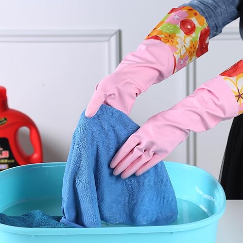 Miniatura 4 de Bamllum 3 pares de guantes de limpieza de goma, guantes de cocina para el hogar con forro flocado de algodón, puño largo de 16 pulgadas,
