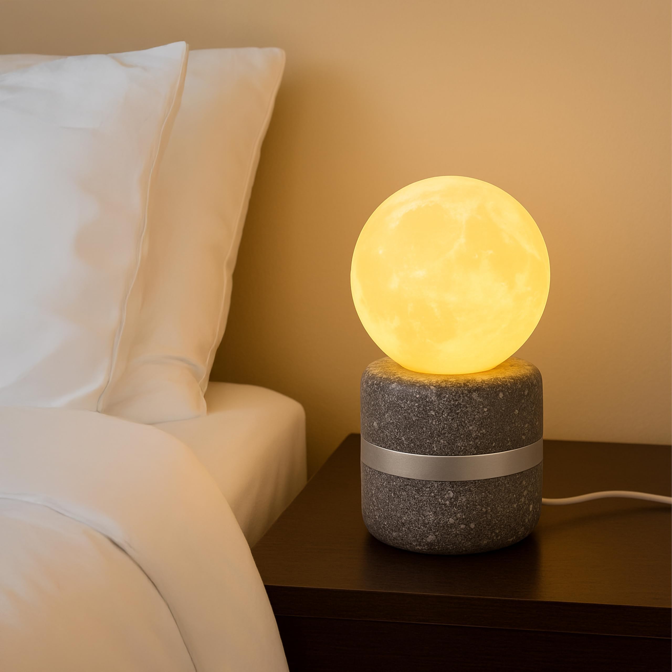 3D Moon Lamp with Concrete Base – Warm LED Night Light for Bedroom, USB Powered – Modern Bedside Table Lamp- Lunar Light for Kids, Adults, Gifts & Room Decor (Marble)