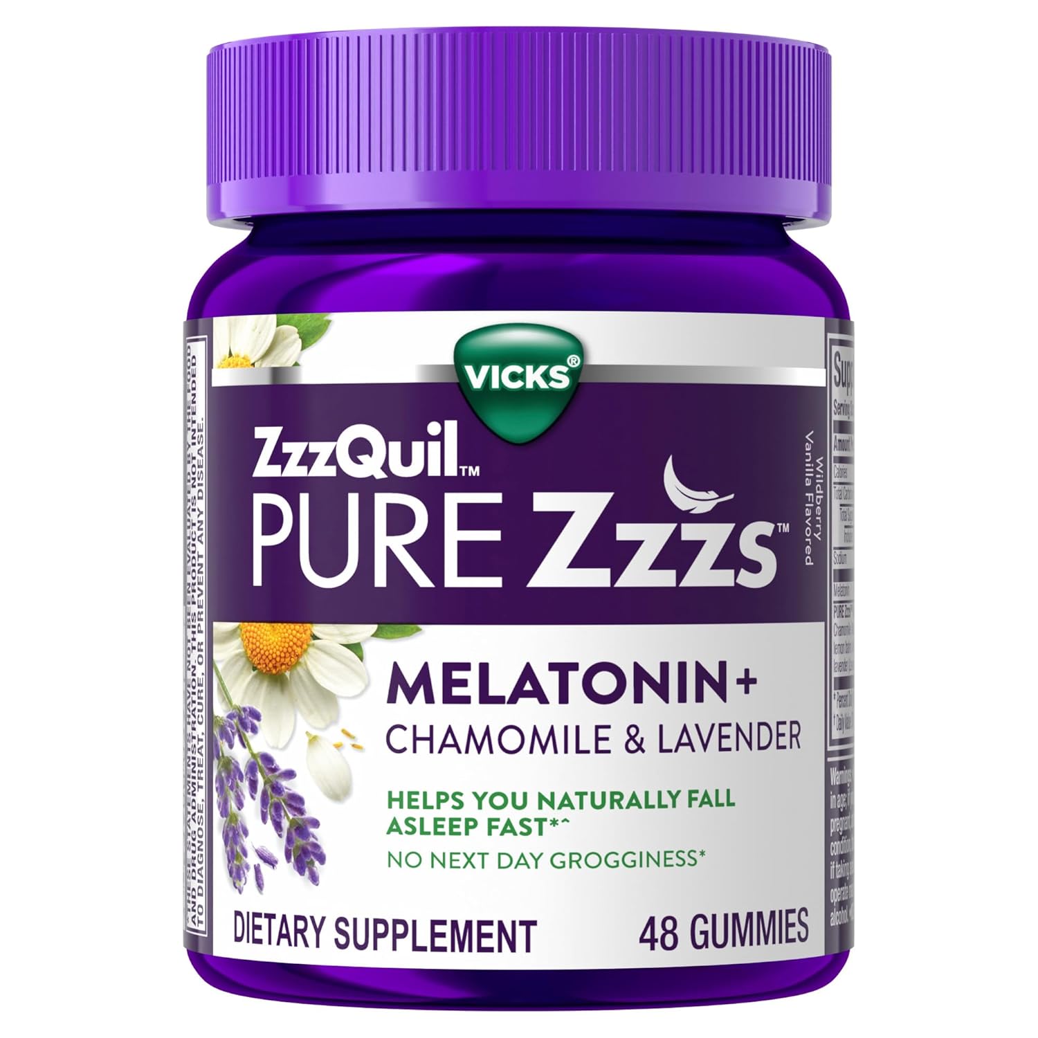 ZzzQuil Pure Zzzs Gummies de Melatonina, Ajuda para Sono, 2mg de Melatonina com Camomila e Lavanda, Gummies de Sono para Adultos com Sabor de Baunilha e Frutas Silvestres, 48 Gummies