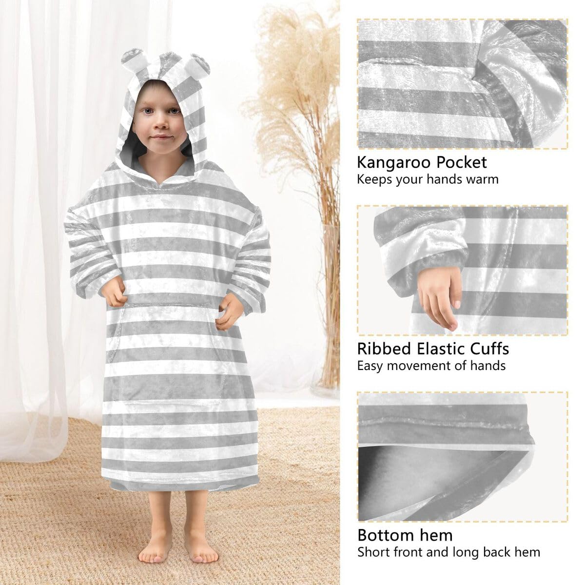 Gray Line Dziecięcy koc do noszenia z kapturem oversize bluza koc sweter w paski dla chłopców i dziewcząt w wieku 3-14 lat, multi, 150-170