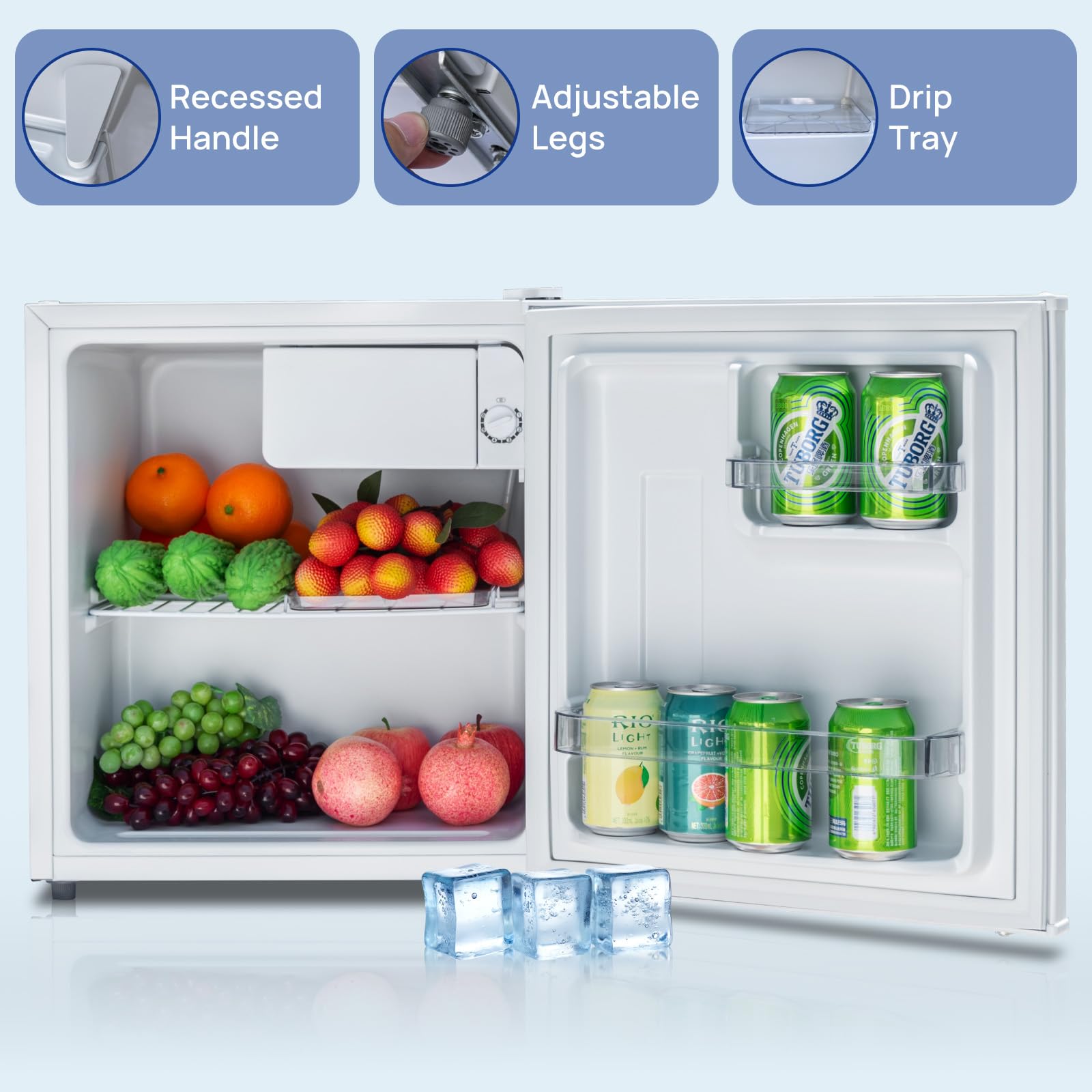 Smad Table Top Mini Fridge 48L, 0-10°C Temperature Control with 6 Adjustable Settings, 39dB Quiet Operation, Reversible Door, 100°C Heat-Resistant & Heavy-Duty Top Cover, 240V Domestic Fridge, White — view 5