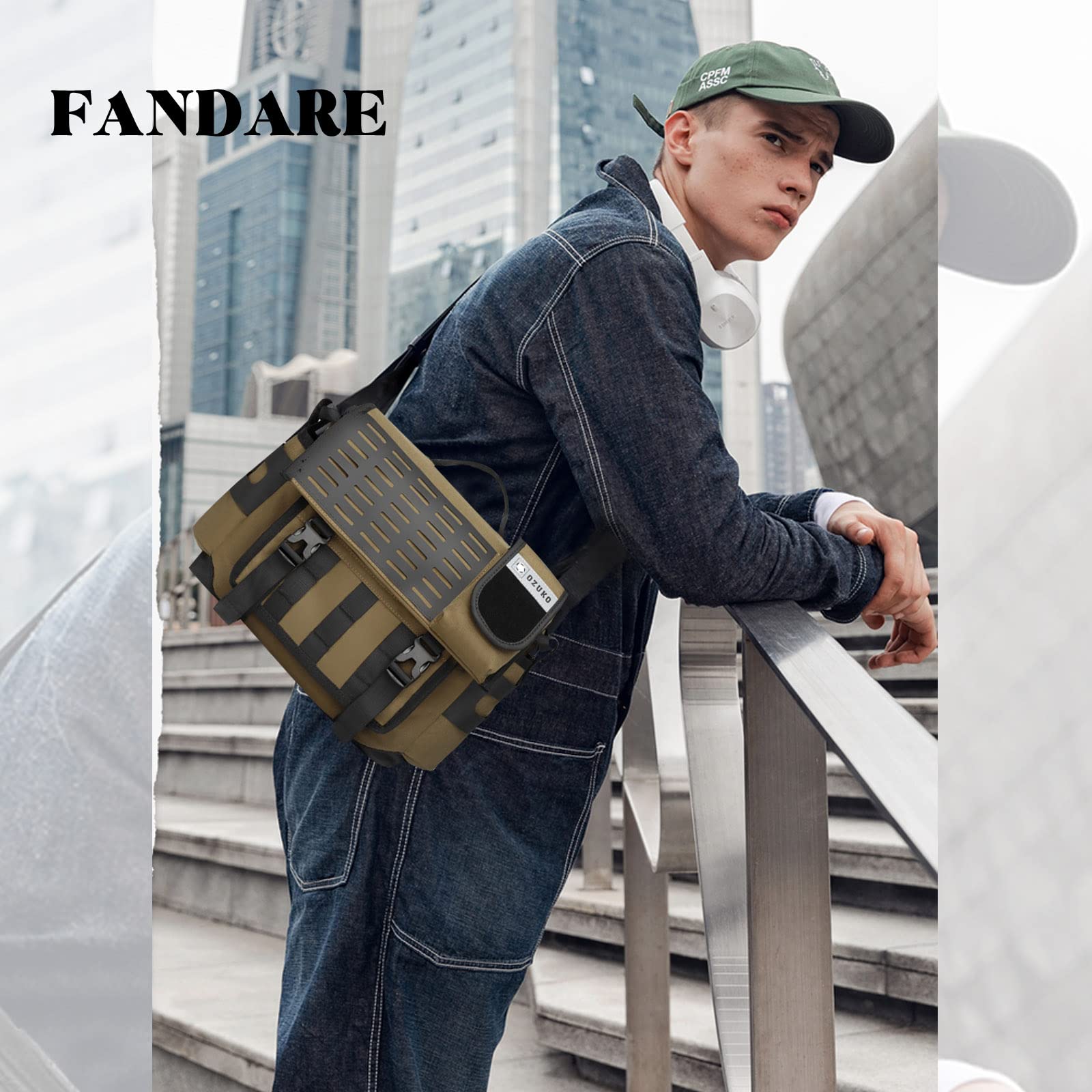 FANDARE Umhängetasche Herren Arbeitstasche Aktentasche Tragetasche Junge Schultertasche Männer Laptoptasche für 12.9 Zoll mit Multi-Tasche für Reise Schule Hochschule Arbeit Outdoor Schulranzen Khaki