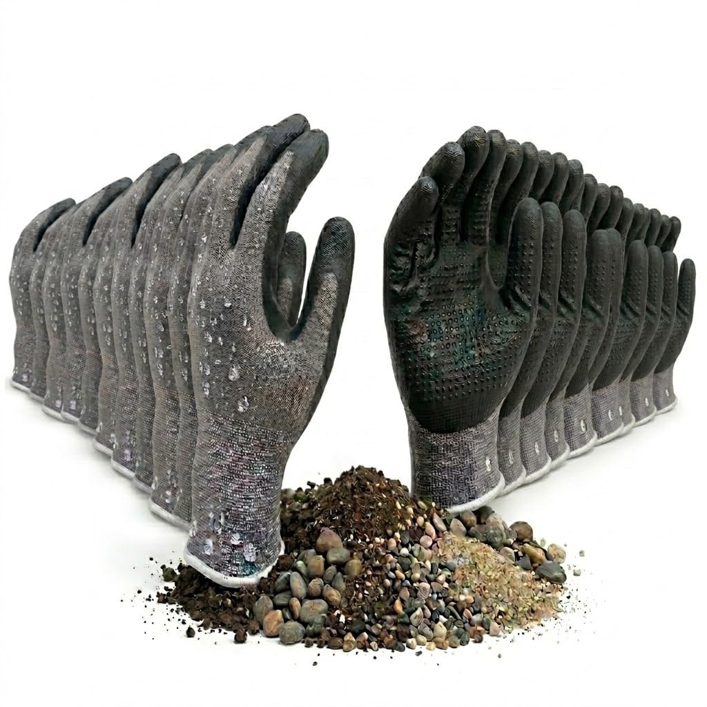 12 guantes de trabajo L (talla 9), guantes de montaje profesional para hombre y mujer, guantes de jardinería con revestimiento de puntos de nitrilo, Oeko-Tex y transpirables, agarre para