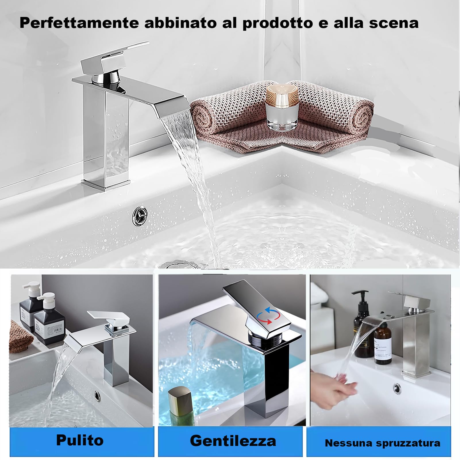 XWIHTR Rubinetto a cascata per bagno, rubinetto per lavabo a una maniglia, risparmio idrico, rubinetto per lavabo, bocca calda e fredda, rubinetto per bagno in ottone in acciaio inox (cromo)