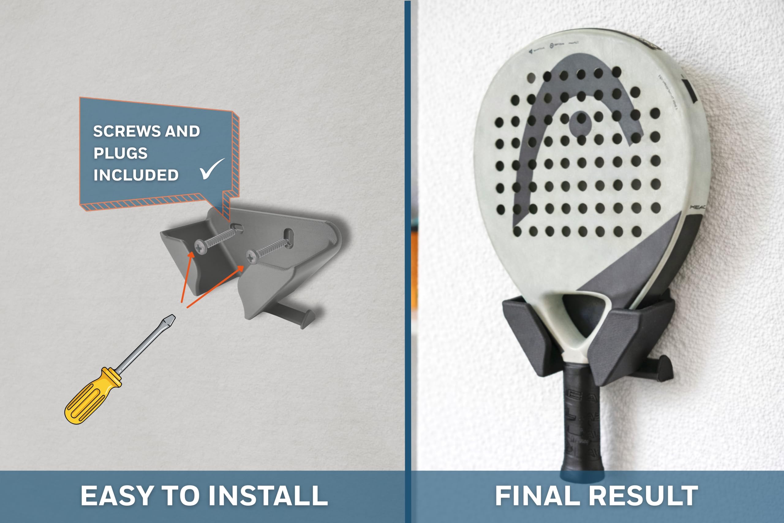 Support mural pour raquette de padel et tennis – Porte raquette murale confortable et anti-rayures – Convient à toutes les raquettes standard – Gain de place résistant avec vis et chevilles