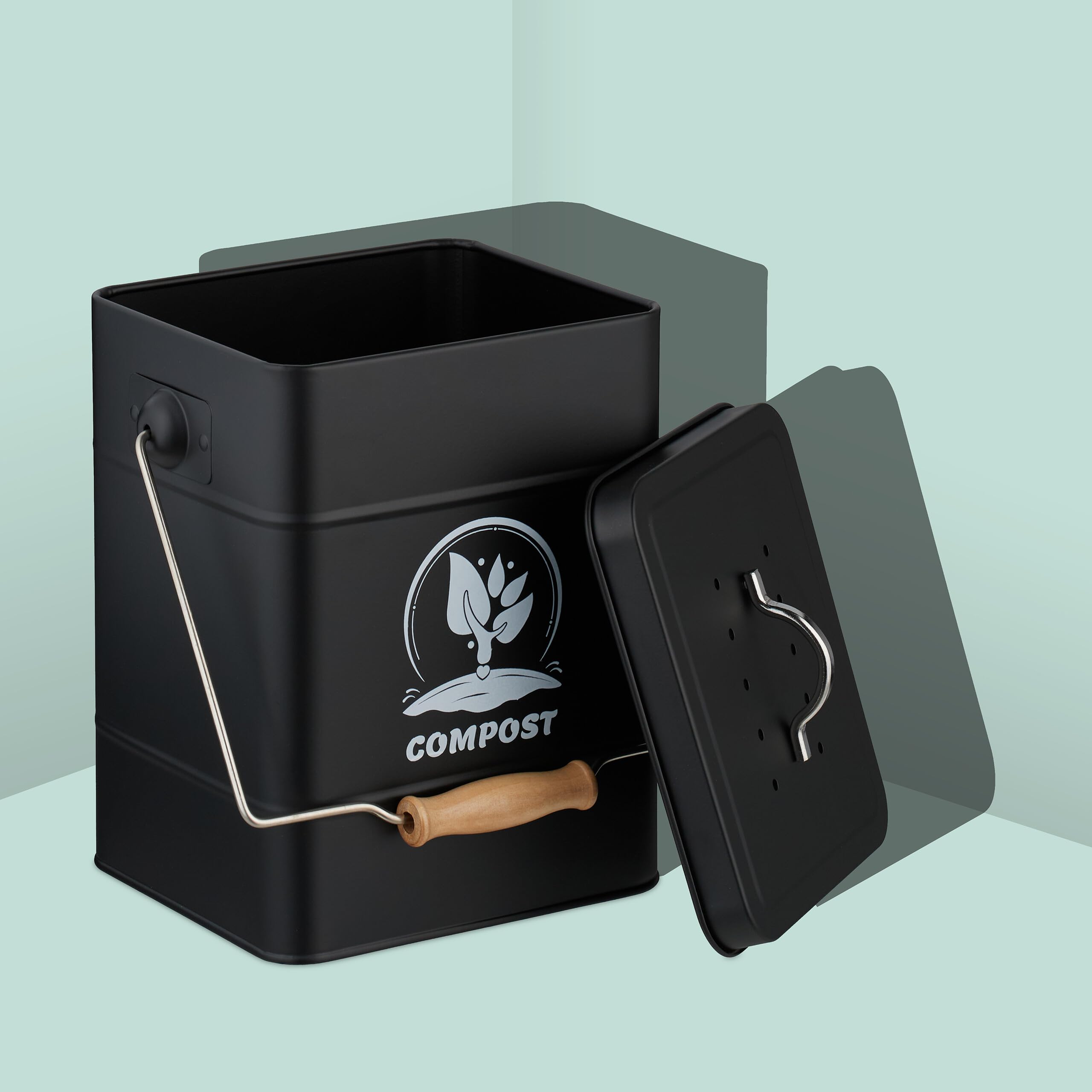 Relaxdays Compostera Cocina 6 L con Tapa y Filtro Olores, Cubo Compostaje Basura Orgánica, Acero Inoxidable, Negro