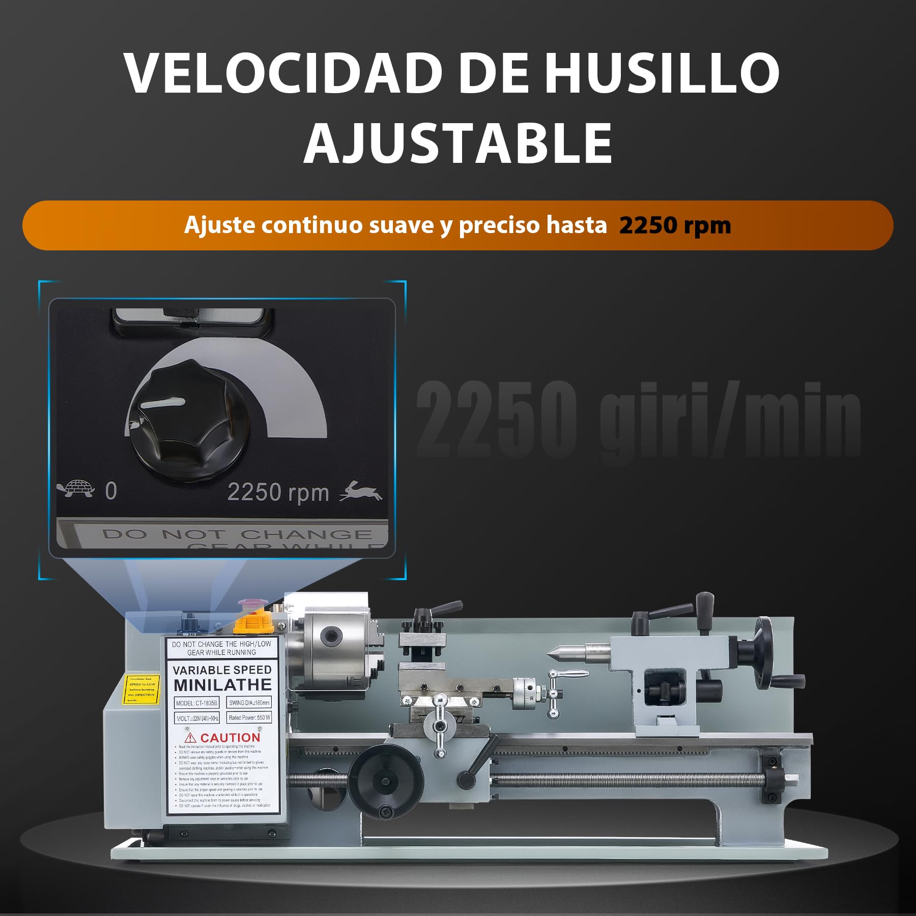 CREWORKS 550W Mini Torno de Metal, 180x350mm Torno para Metal de Sobremesa con Máx. Velocidad 2250RPM, Torno de Metal para Torneado de Metales para Roscar, Tornear