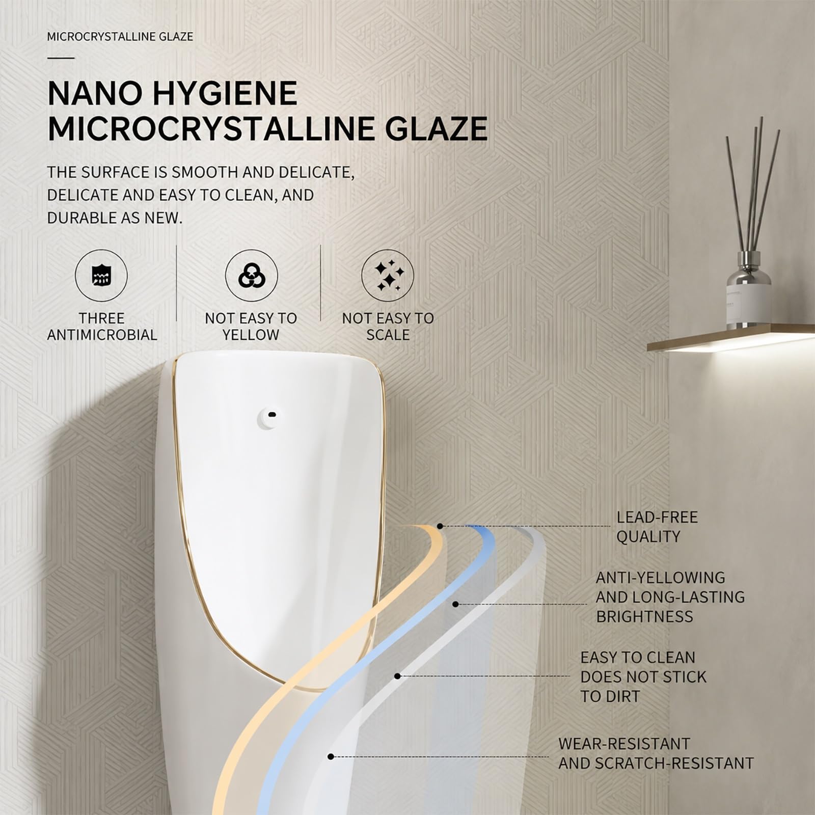 Urinoir mural en céramique pour homme, capteur de chasse automatique, design à faible éclaboussure, idéal pour les toilettes commerciales dans les hôtels, bars, garages et installations publiques