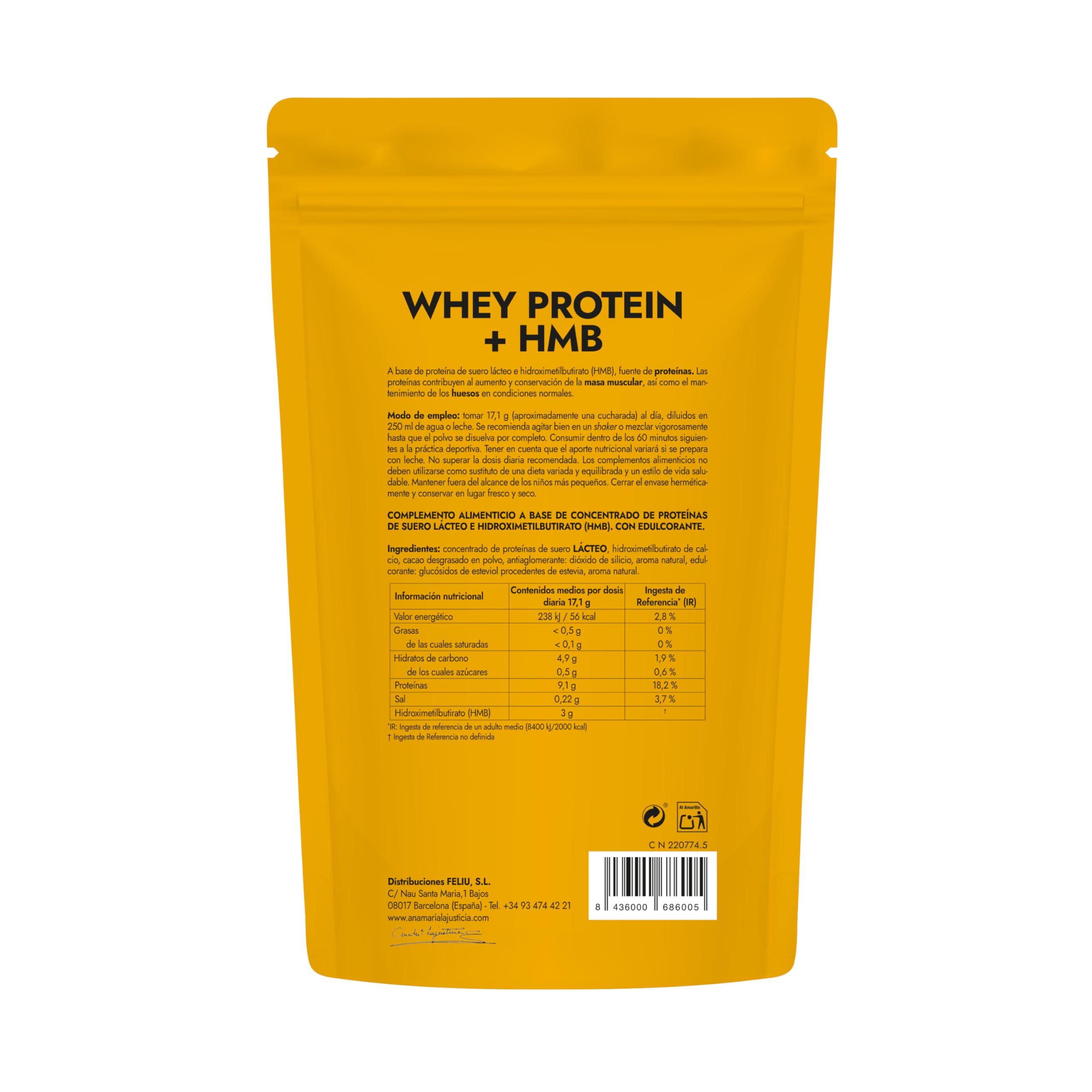 amlsport de Ana Maria Lajusticia Whey Protein + HMB | Mantener y Aumentar la Masa Muscular | Recuperación Post‑Entreno | Sabor Capuchino | Sin Gluten | 520 g en Polvo | Suplementación Deportiva |