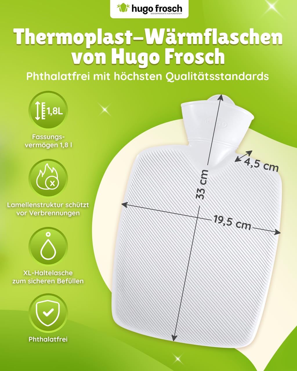 Hugo Frosch Wärmflasche Klassik 1,8l – Made in Germany – mit weichem Schaf-Kuschelkissen Weiß – große, auslaufsichere Bettflasche – langlebig & mit waschbarem Bezug
