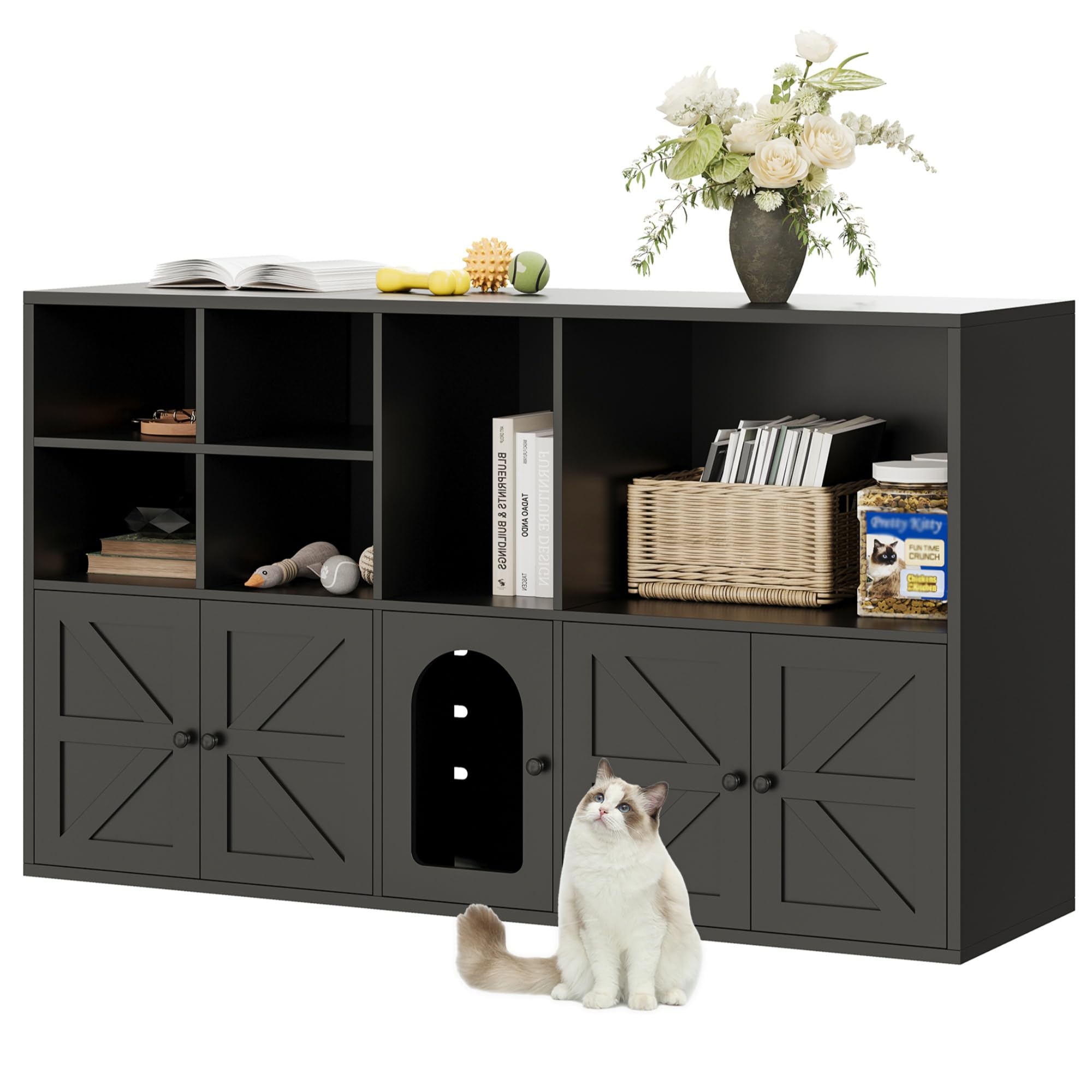 IRONCK Cat Litter Box Enclosure for 2 Cats, Litter Box Furniture Hidden with Double Room and Large Storage Space, Wooden Washroom Furniture, Cat House, Black