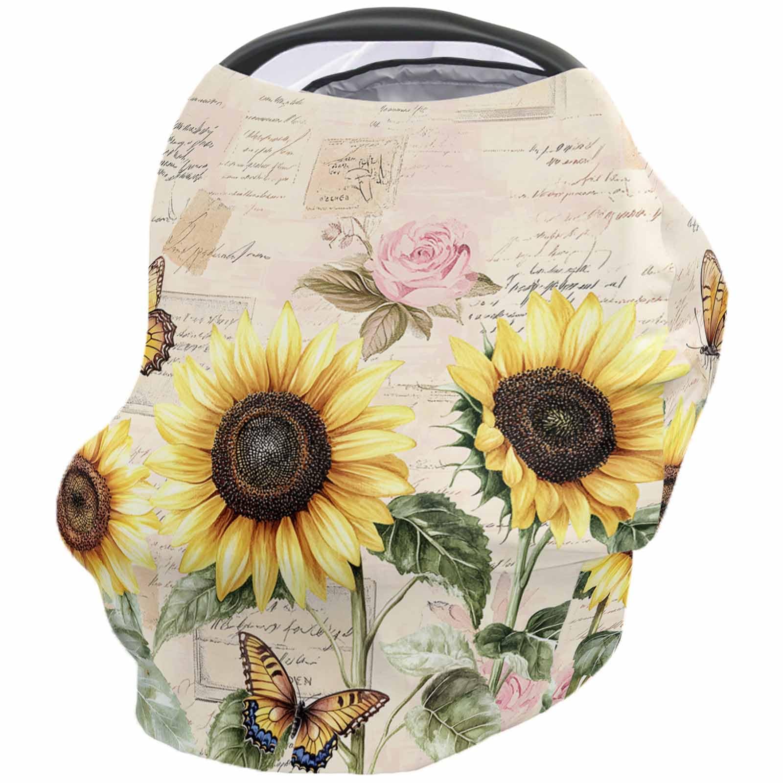 Yellow Sunflowers Country Nursing Cover for Breastfeeding Scarf, Vintage Letters Pastoral Style Baby Car Covers Super Soft Multi Use for Canopy Shopping Cart Cover Blanket Stroller Cover