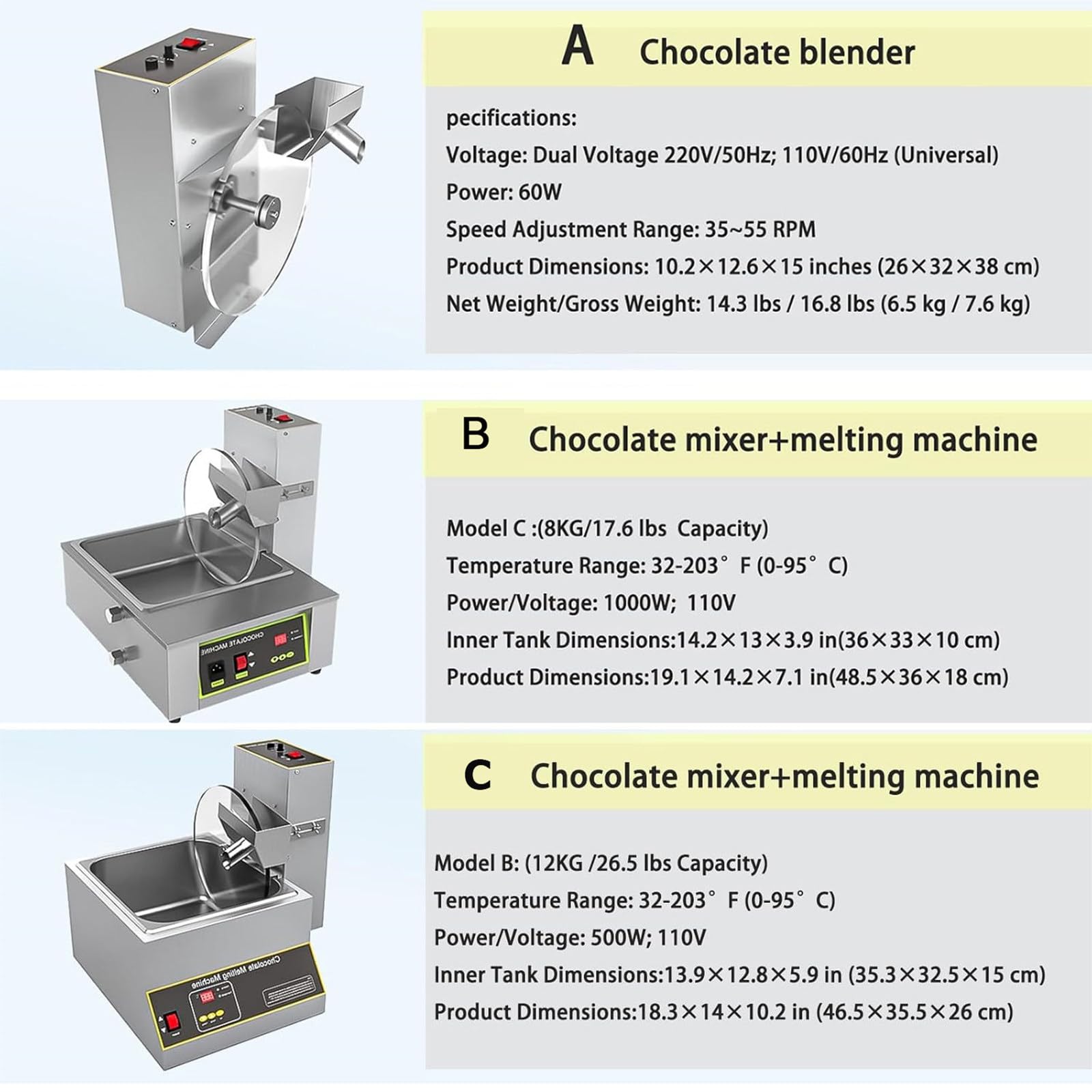 Mélangeur de chocolat en acier inoxydable avec four de fusion – Commandes conviviales, température réglable pour des résultats parfaits de trempage et de revêtement