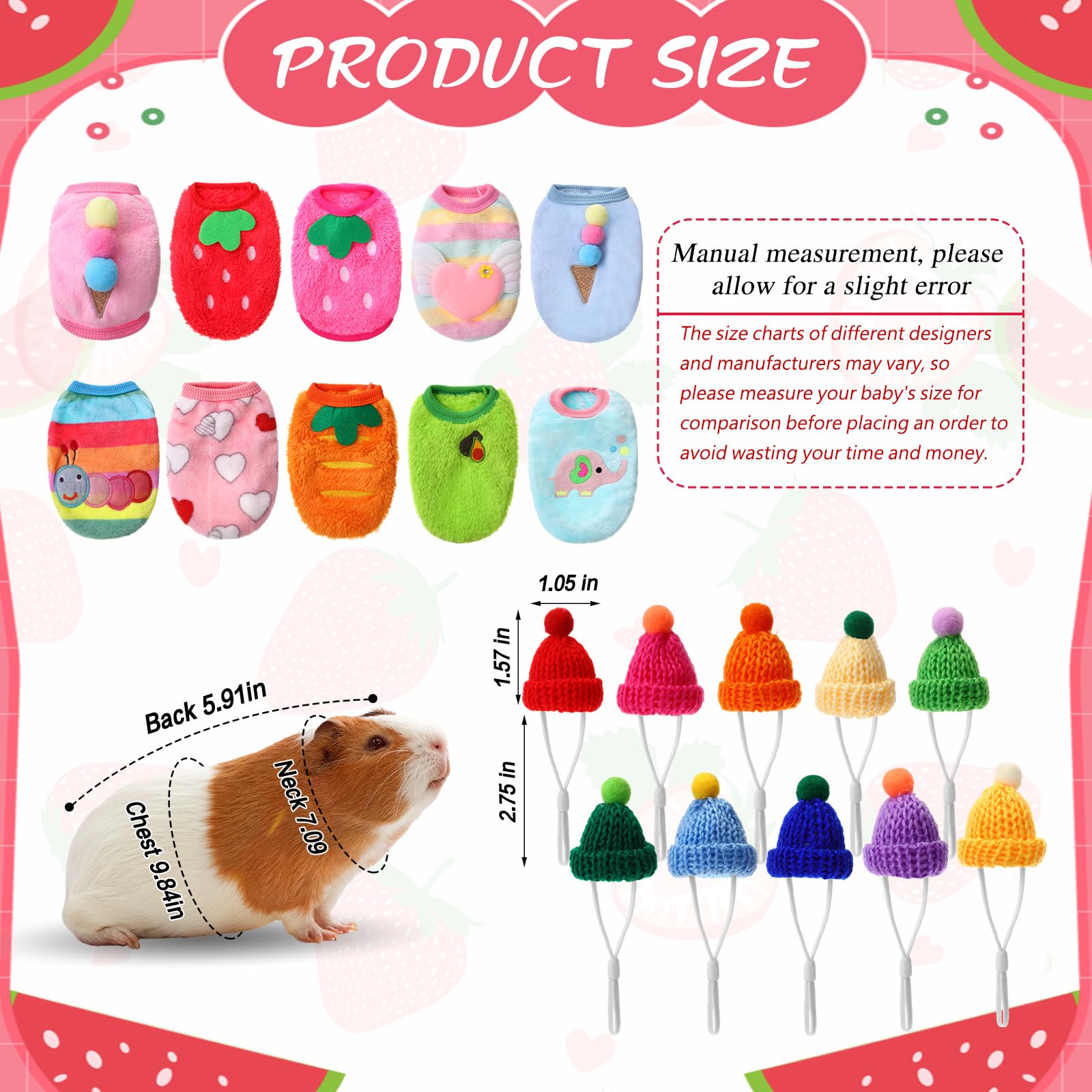 10 piezas de ropa de conejillo de indias y 10 mini sombreros con correa ajustable, ropa de conejo, chaleco cálido de animales pequeños, ropa de disfraz para mascotas, sombrero de punto con