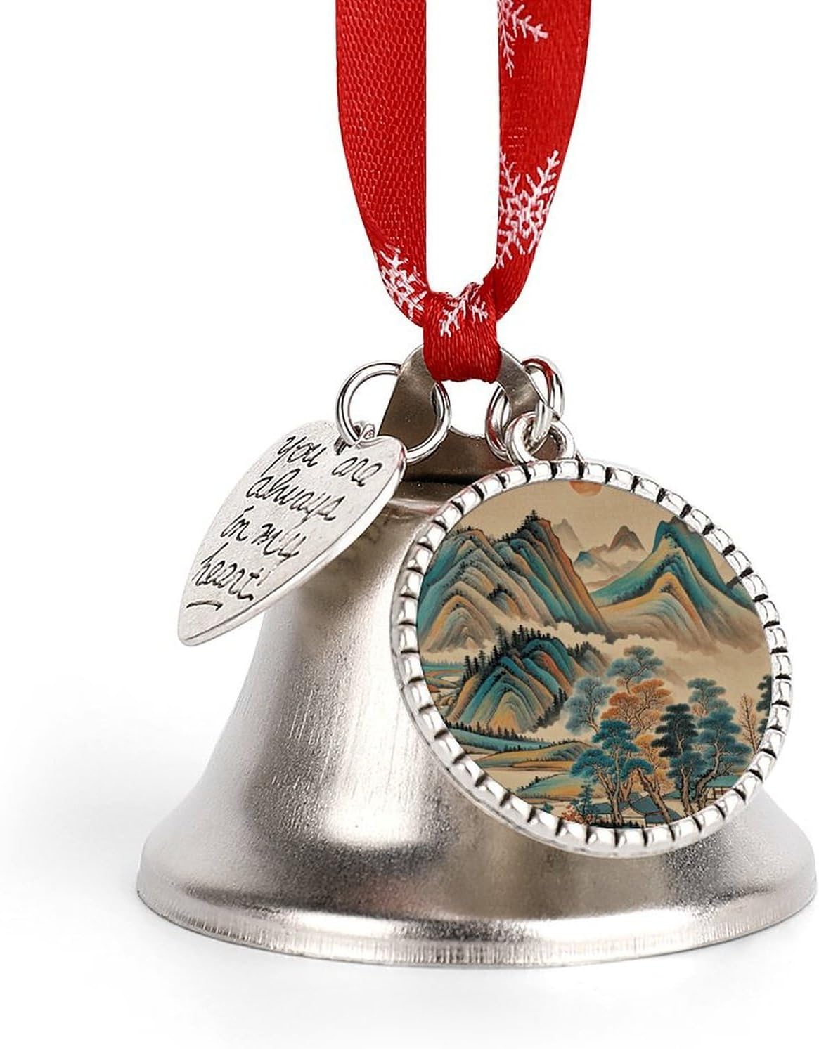 Metal Iron Christmas Bell Ornaments - Cute Personalized Chinese Landscape Painting Printed Hanging Bells, Elegant & Durable for Christmas Home Party Wedding Decor