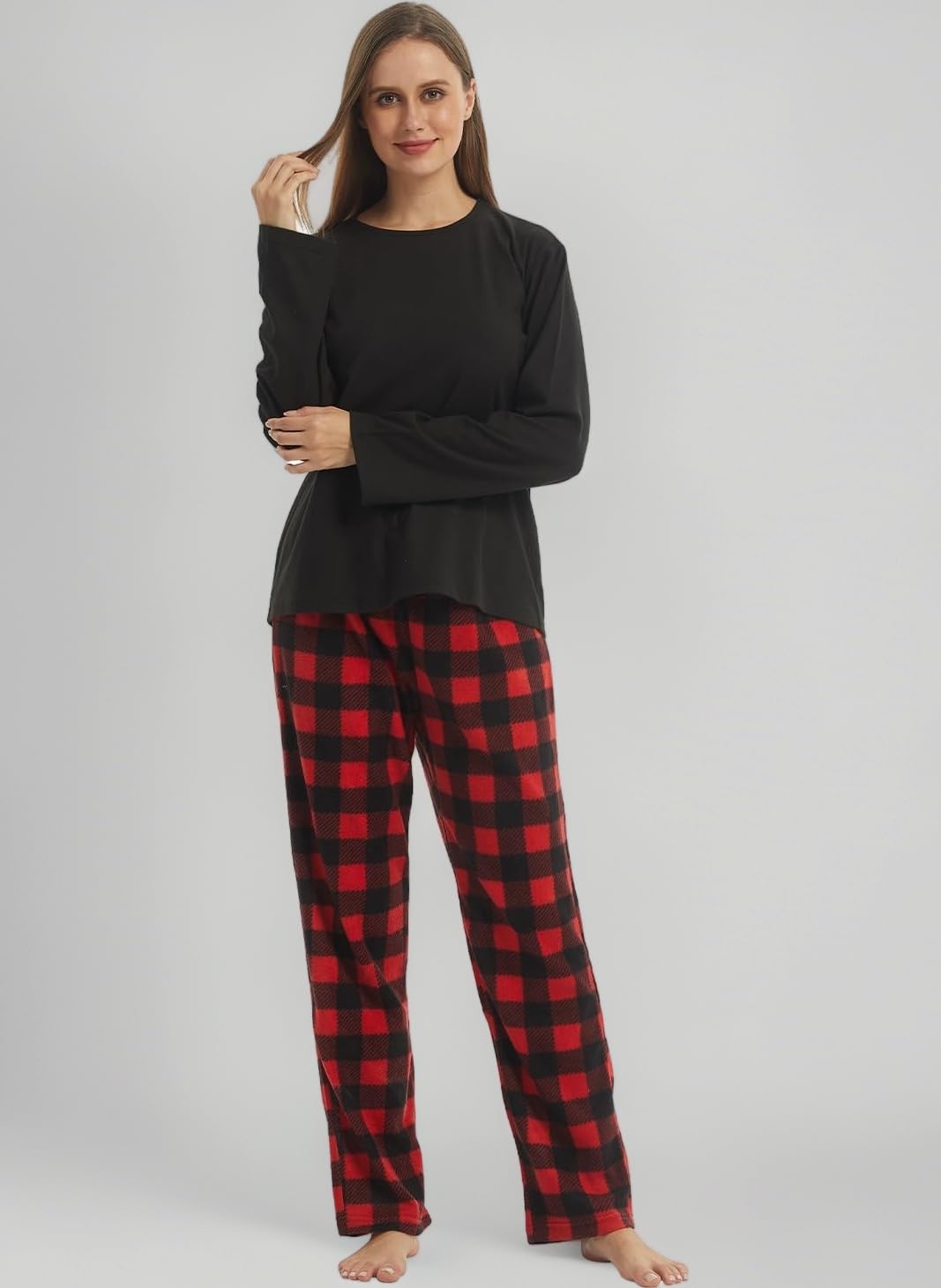 Fleece Pajamas Womens Set Long Sleeve Top & Plaid Pajama Bottoms Soft Nightwear Loungewear Warm Pjs Sets 2 Pieces