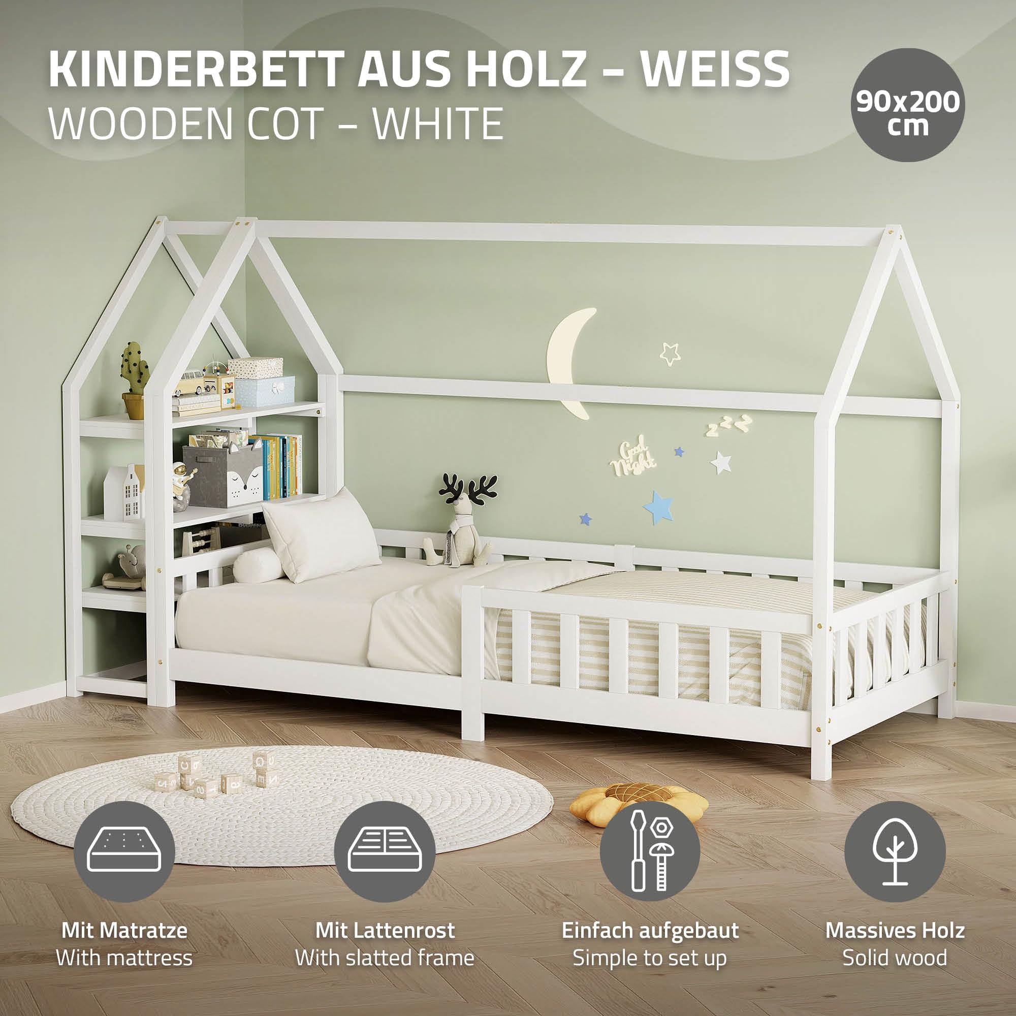 ML-Design Letto a Casetta 90x200 cm per Bambini, Bianco, in Legno di Pino, con Materasso 16 cm, Protezione Anticaduta e Libreria Integrata, Tetto e Rete a Doghe, Letto a Terra Style Montessori