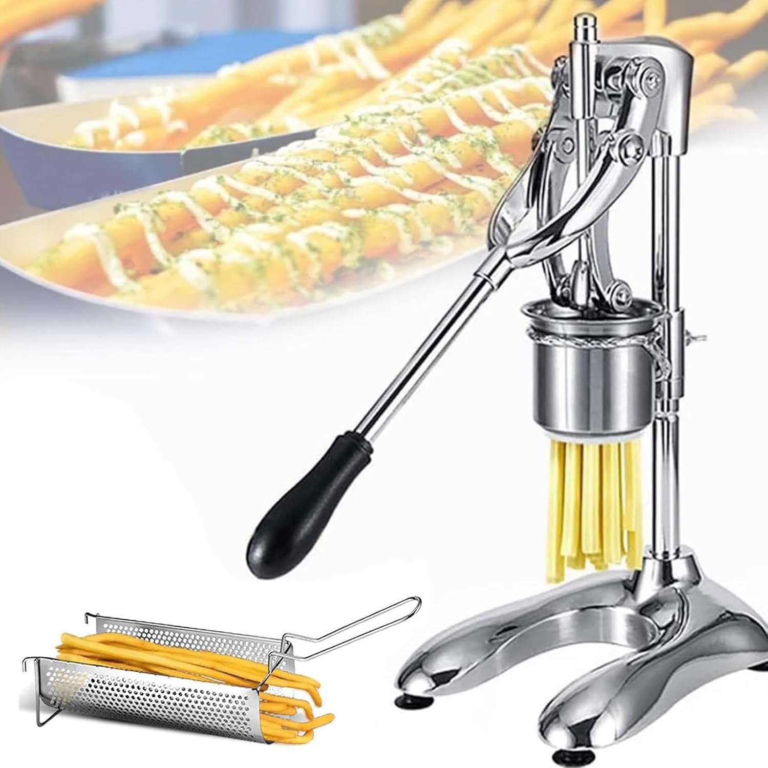 Máquina Manual Para Hacer Papas Fritas Largas, Máquina Para Hacer Tiras De Papa De 30 Cm, Exprimidor Manual De Papas Fritas Largas Con Cesta Para Freír, Cortador De Papas De Acero Inoxidable,