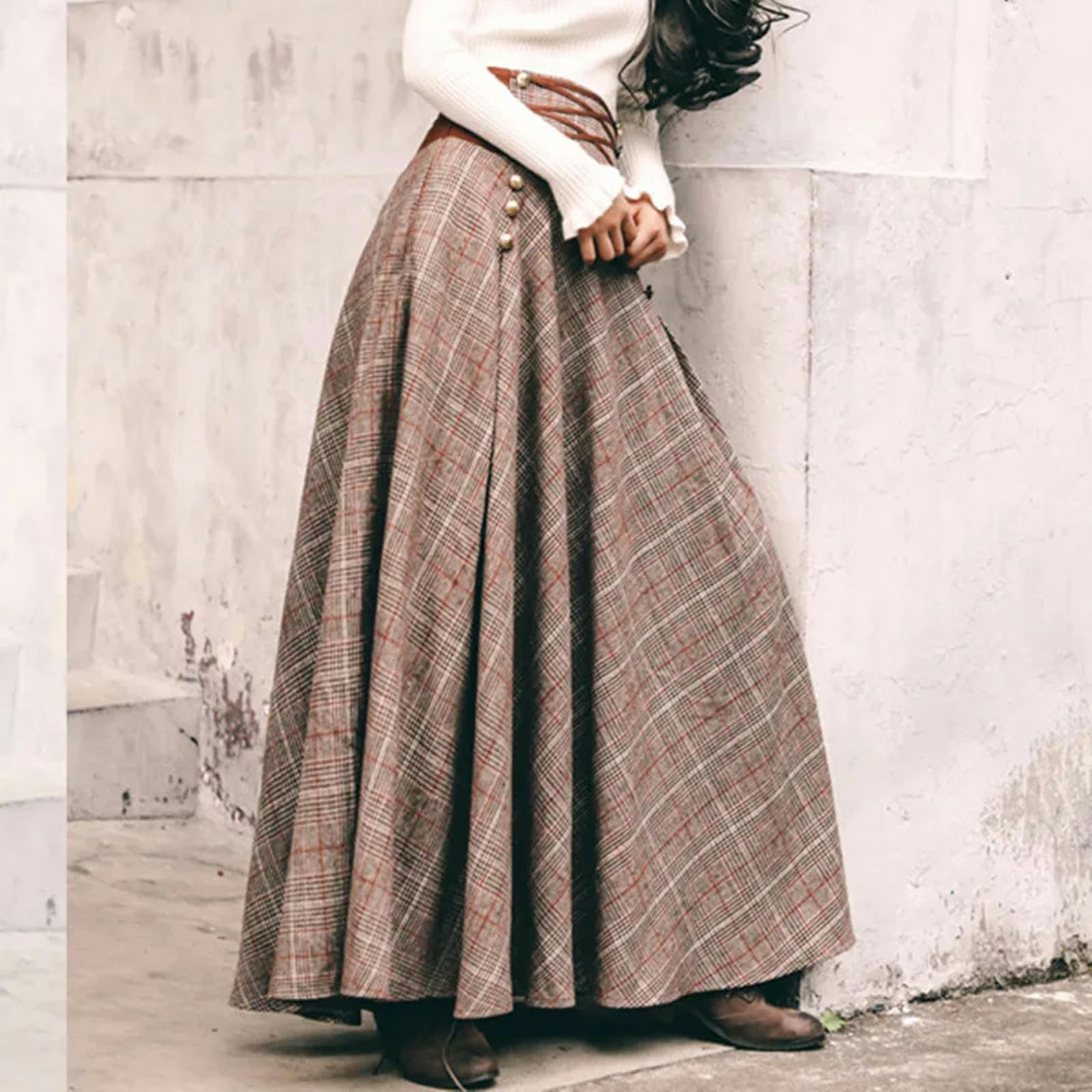 Spódnica elegancka vintage z wysokim stanem guzik design z tyłu koronkowa spódnica damska jesień zima gruba linia A długa spódnica maxi