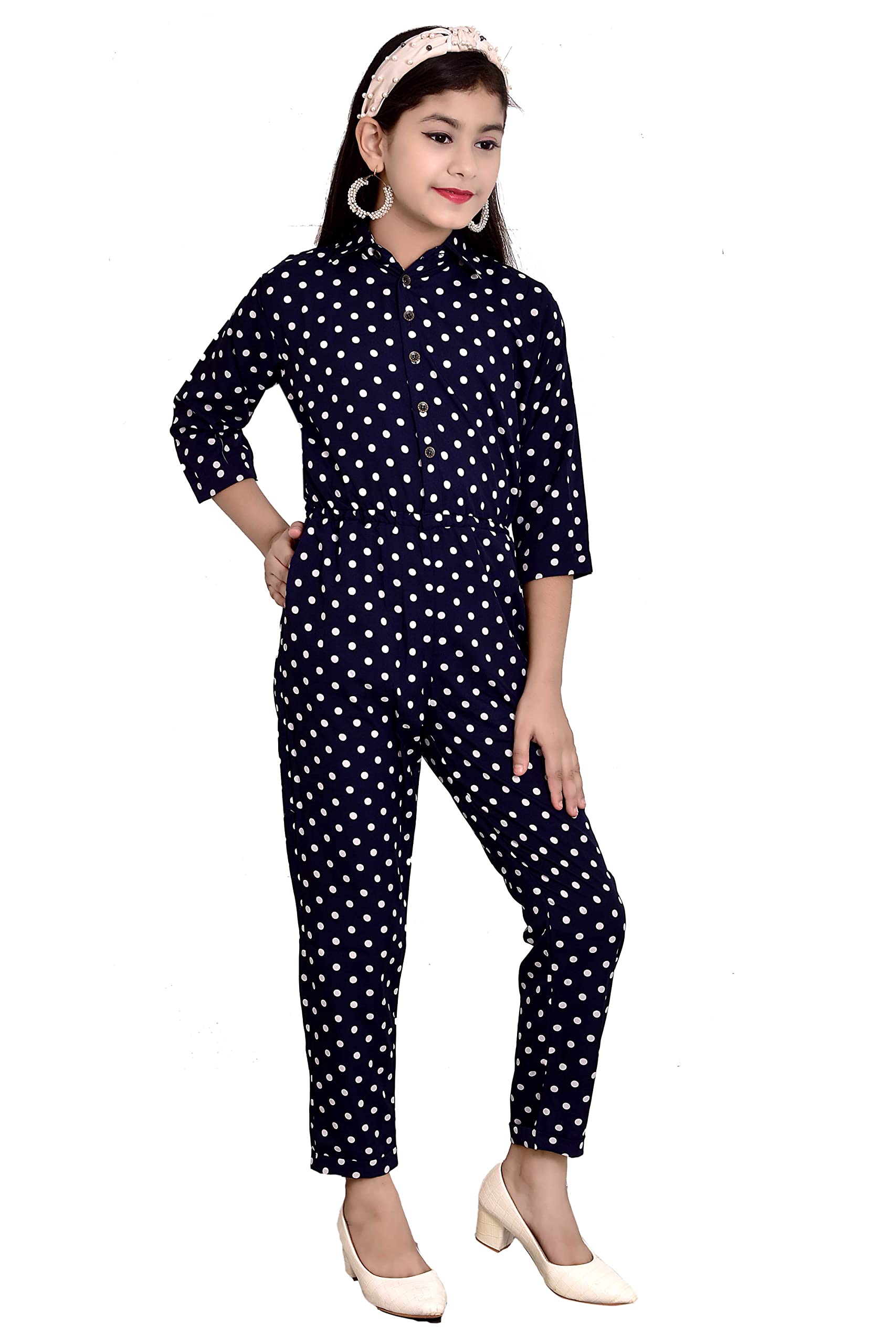Arshia Fashions Girls Crepe Micro Print Jumpsuit, Blue (7-8 Years) 1
