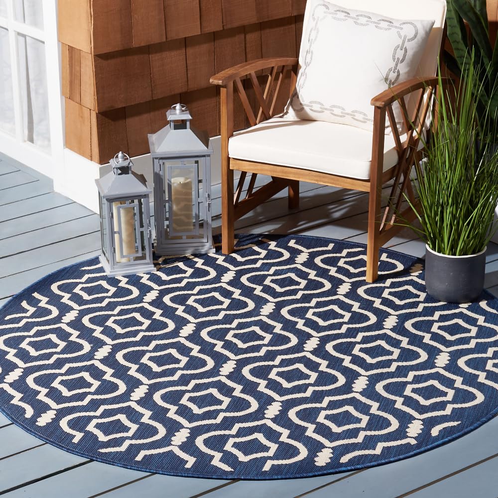 SAFAVIEH Courtyard Collection 5'3" Round Navy/Beige CY6926 Indoor/ Outdoor Waterproof Easy--Cleaning Patio Backyard Mudroom Area--Rug