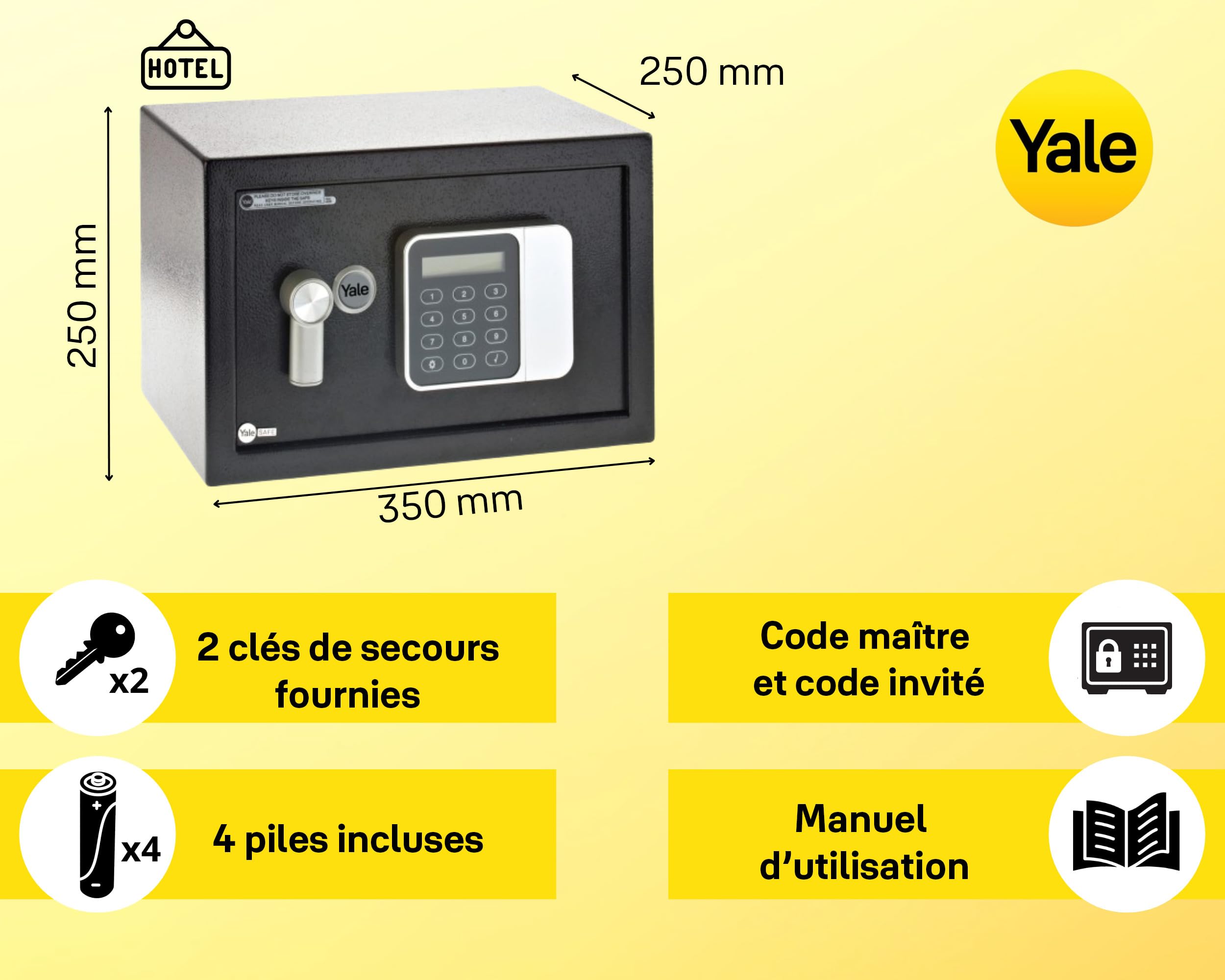 Yale Coffre-Fort Électronique Hôtel - Medium 16L - Serrure électronique 100 000 Combinaisons, Code utilisateur et Code maître 3 à 8 Chiffres pour Clients et hôtelier - 25x35x25cm YSG/250/DB2