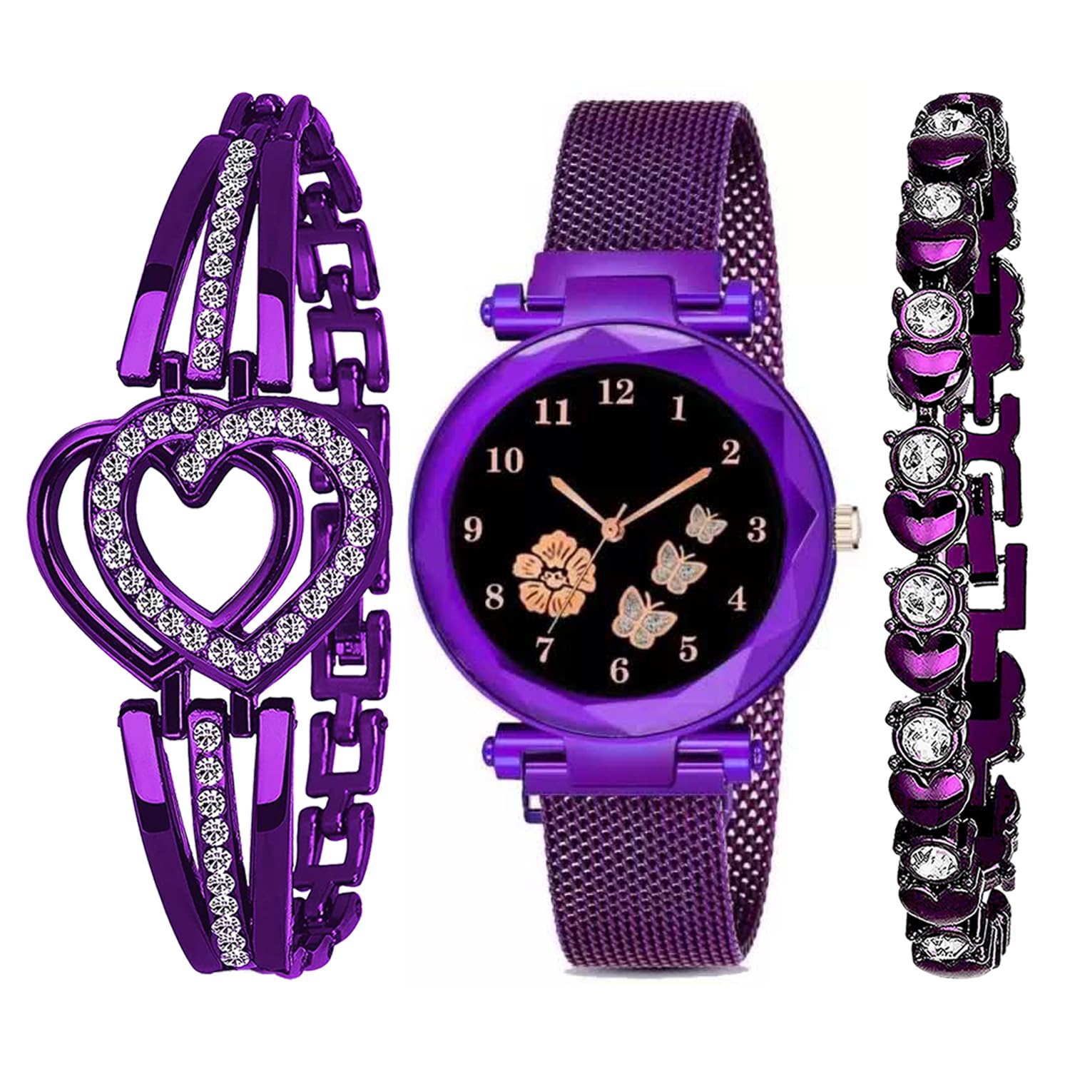 STYLEDOSE Flower & Butterfly Printed Black Round Dial Latest Coloured Magnetic Strap with Dimond Studded Braclets Womens & Girls Watches Combo Pack of 3 for Women & Giirls (Perple) (B0D8JFRB5D) Amazon Price History, Amazon Price Tracker