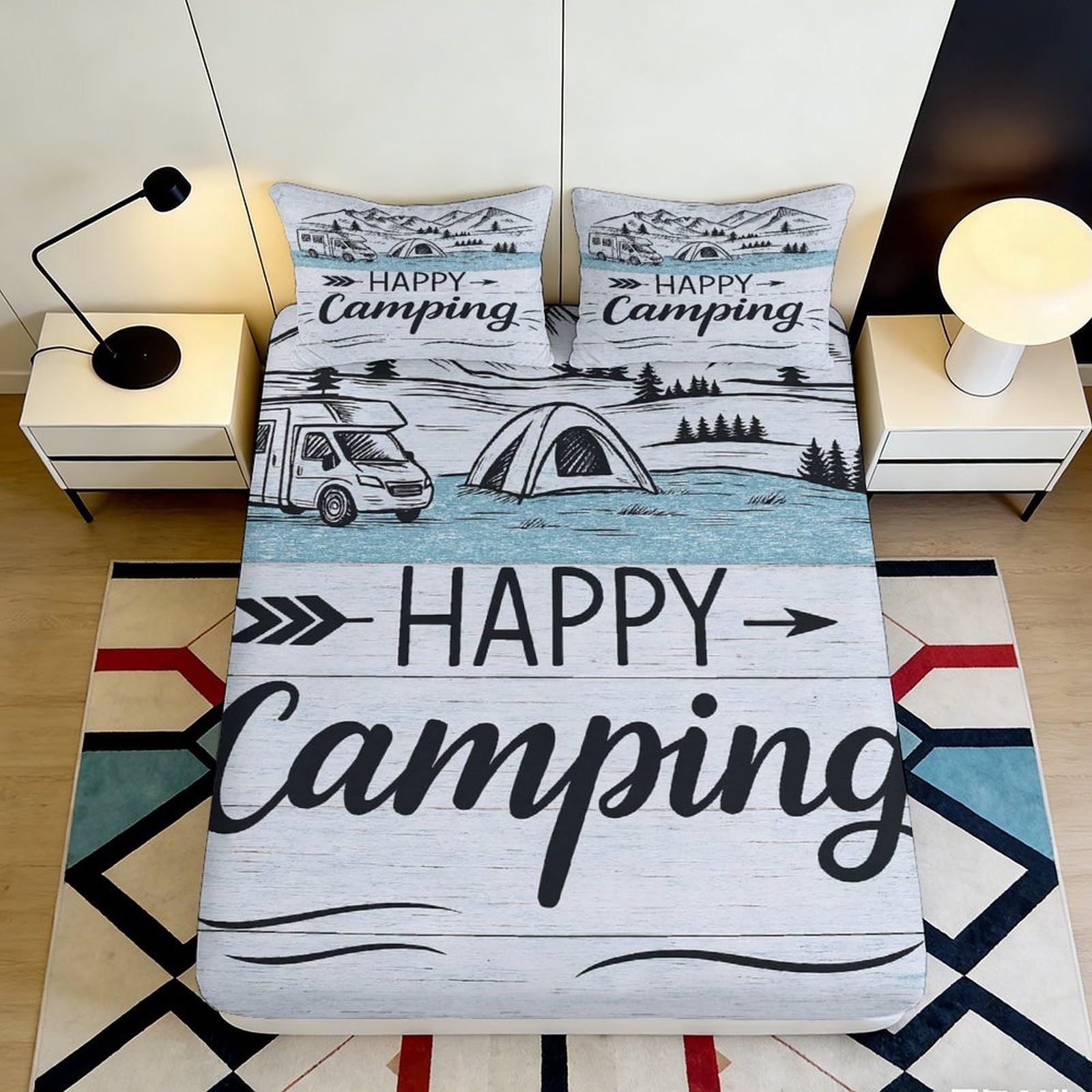 3D Printed Camping Landscape Fitted Sheet Microfiber Soft Breathable Happy Camper Bed Cover for Bedroom Dorm 90x200x25cm
