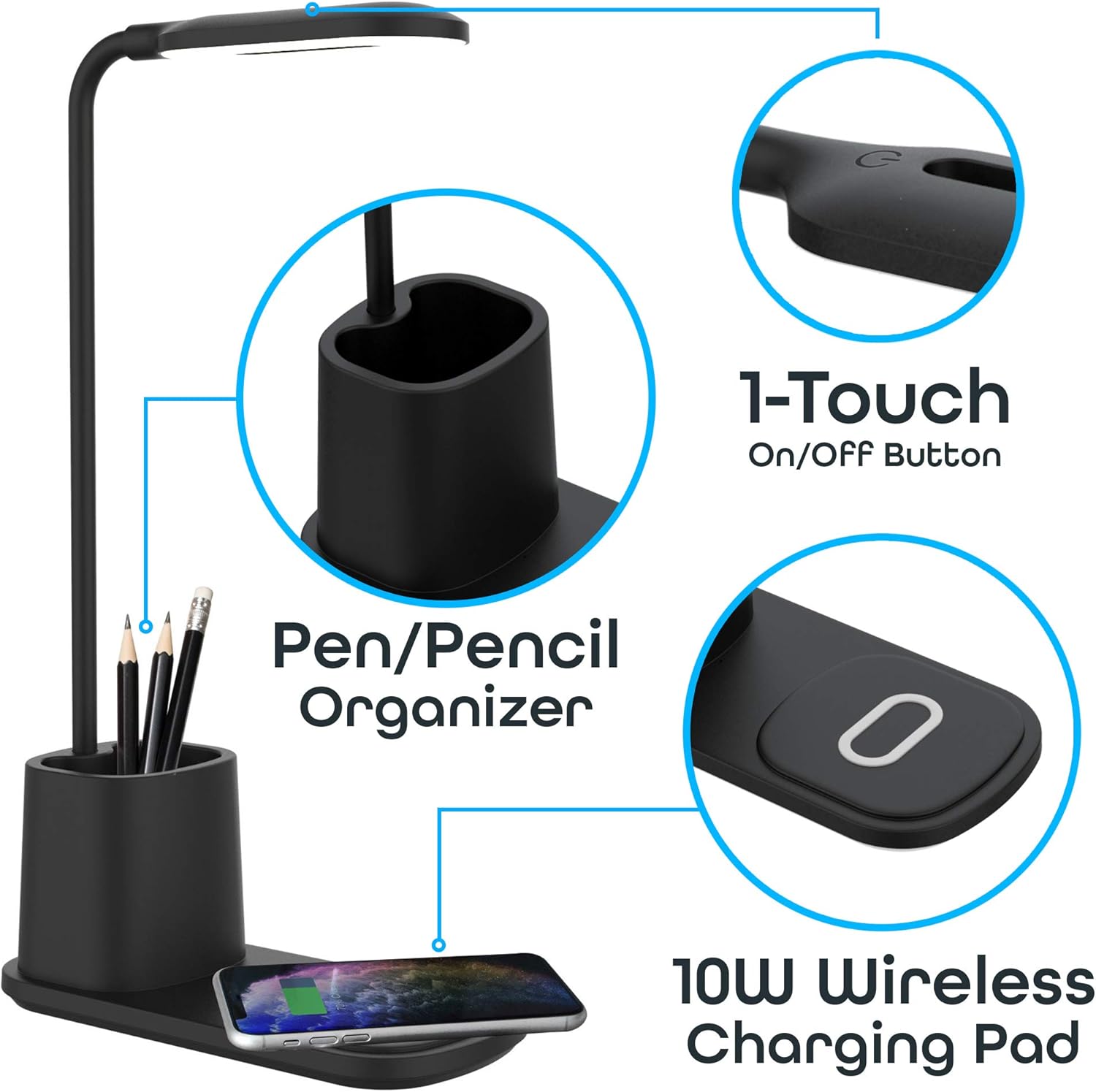 Black Adjustable LED Desk Lamp with Wireless Charger and Organizer