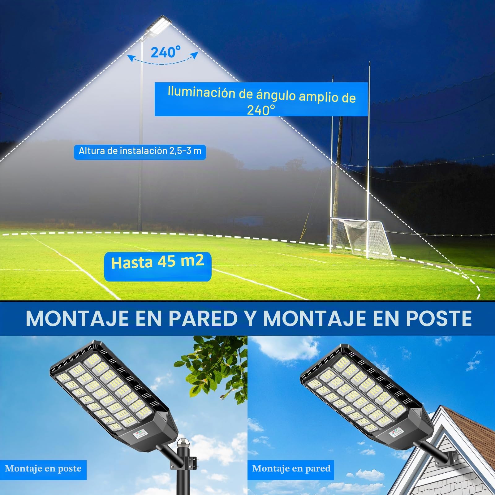 Adewalk 5000W Farolas Solares Exterior Potente con Mando a Distancia, Impermeable IP66 Luz Led Farola Solar Exterior con Sensor de Movimiento for Roads, Yardas, Garden